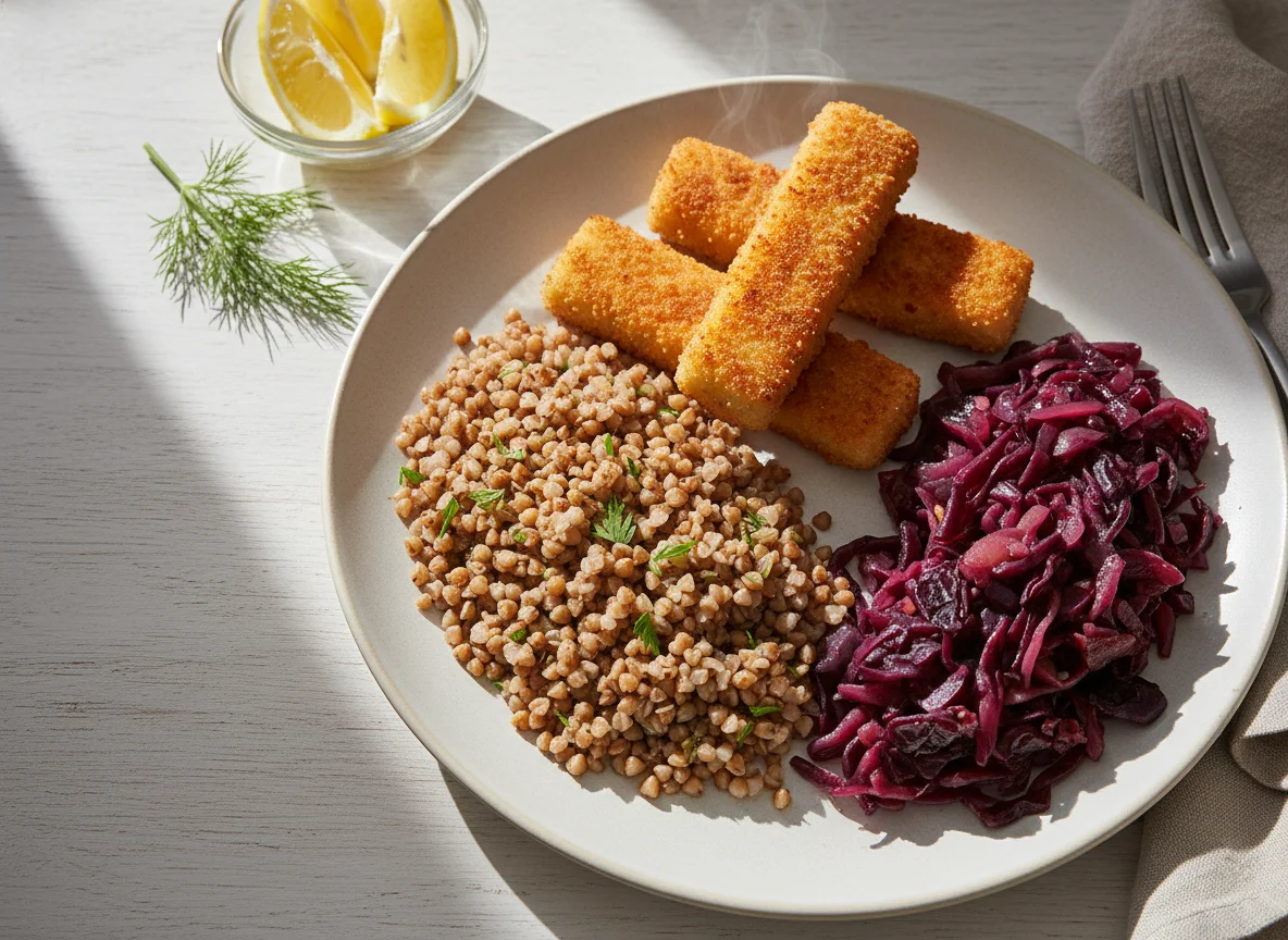 Fish fingers with buckwheat and stewed cabbage photo
