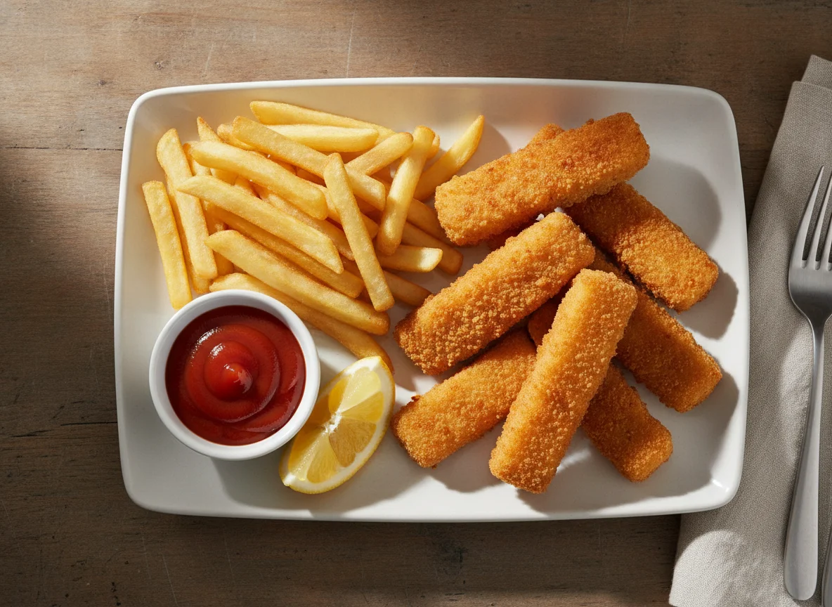 Fish fingers with chips and ketchup photo
