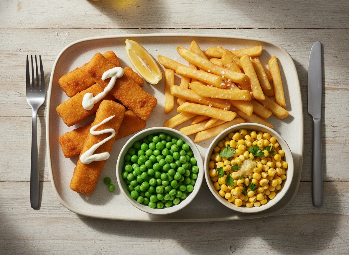 Fish Fingers with Fries, Peas and Corn photo