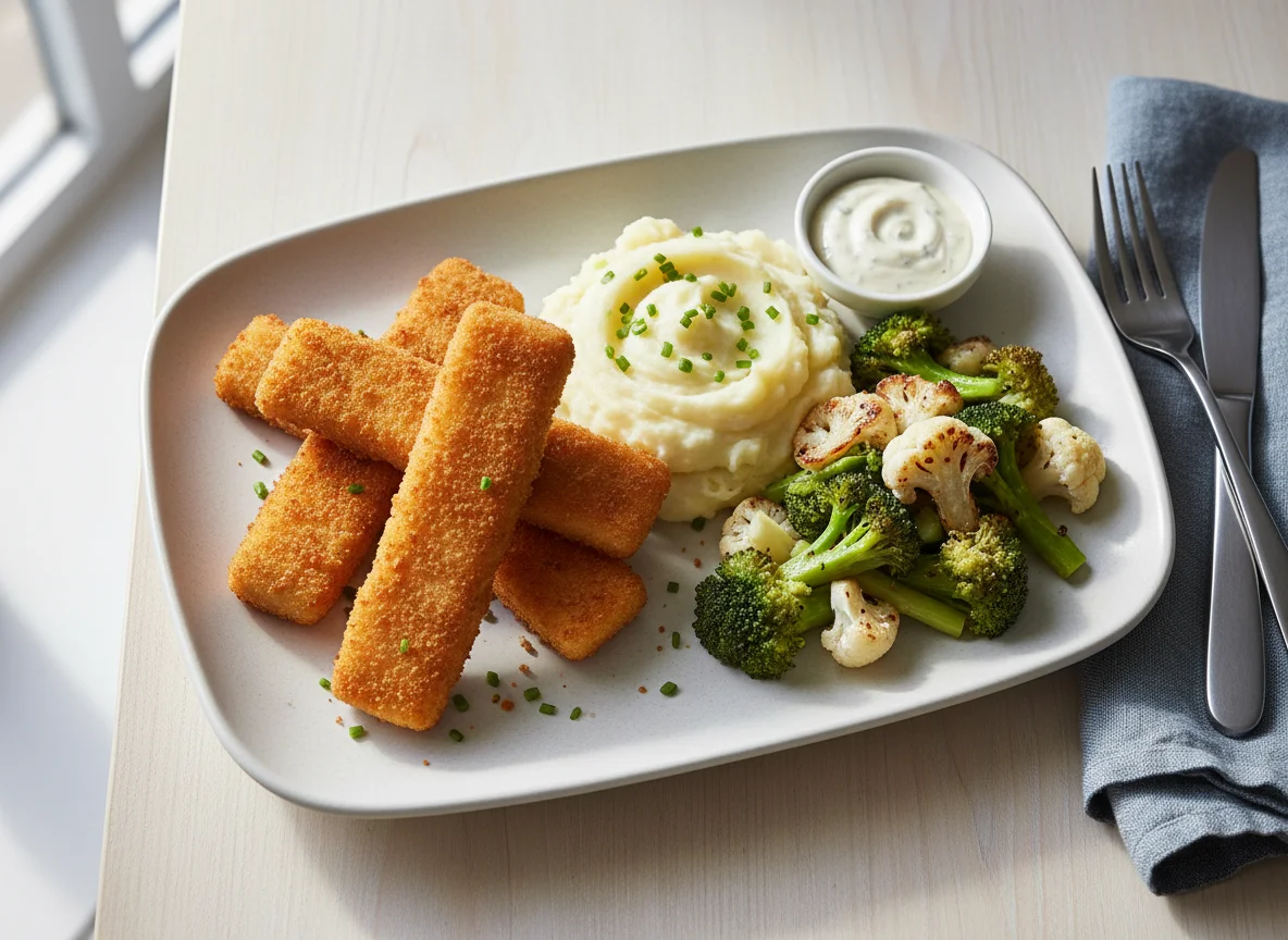 Fish fingers with mashed potatoes and vegetables photo