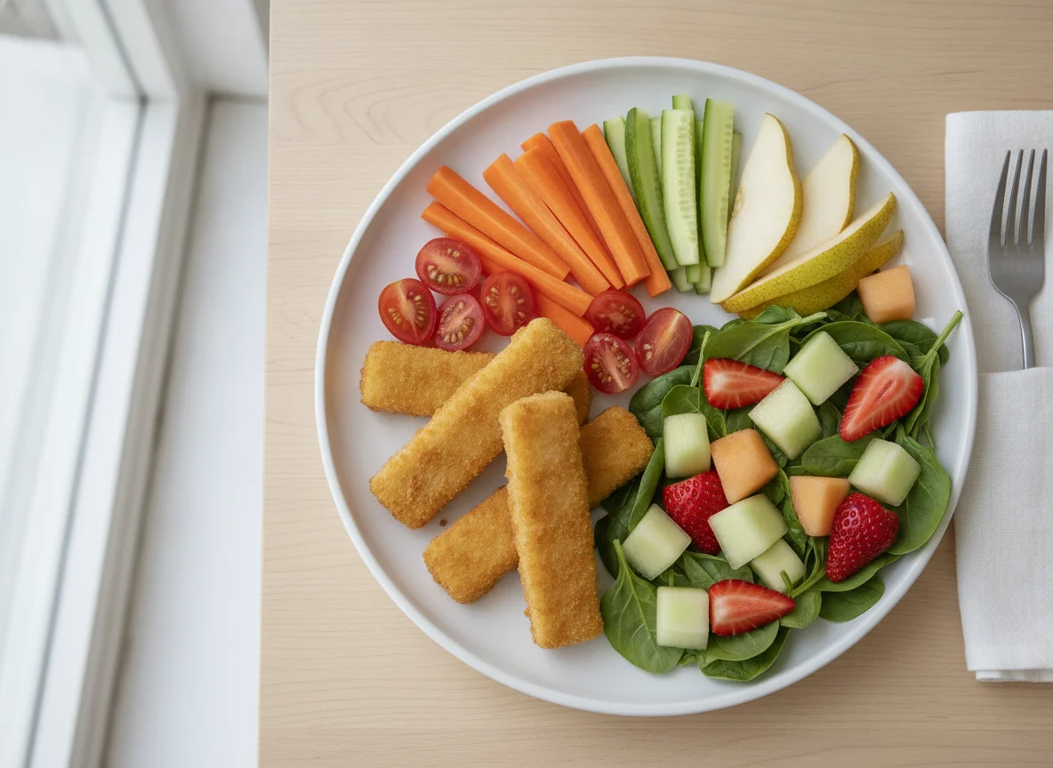 Fish fingers with mixed fruit and vegetables photo