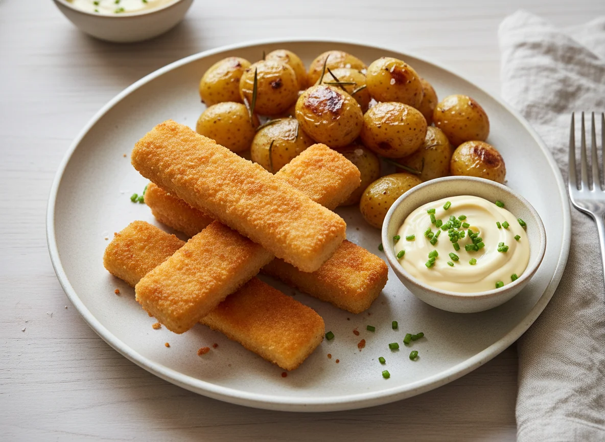 Fish fingers with roasted potatoes and mayonnaise photo