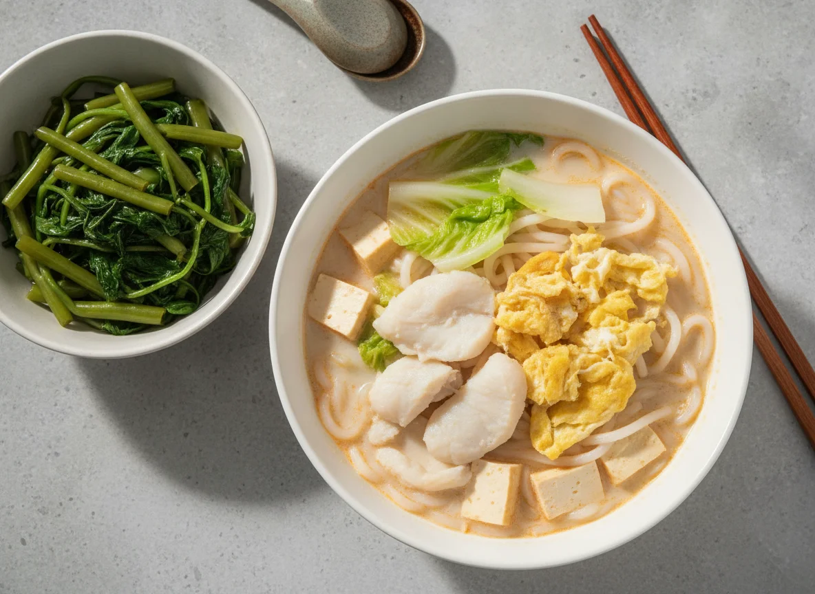 Fish Head Noodle Soup with Scrambled Eggs and Stir-fried Water Spinach photo