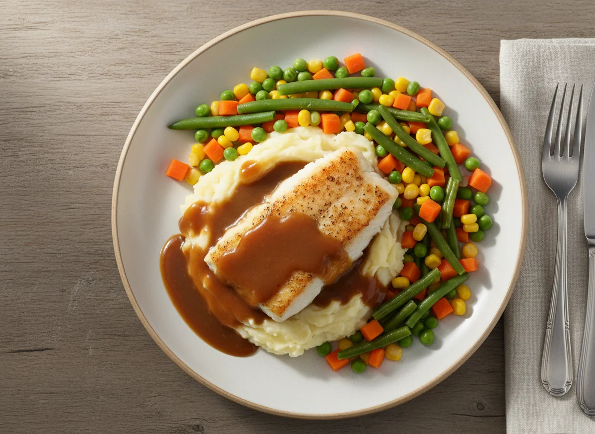 Fish, Mash and Mixed Vegetables with Gravy photo