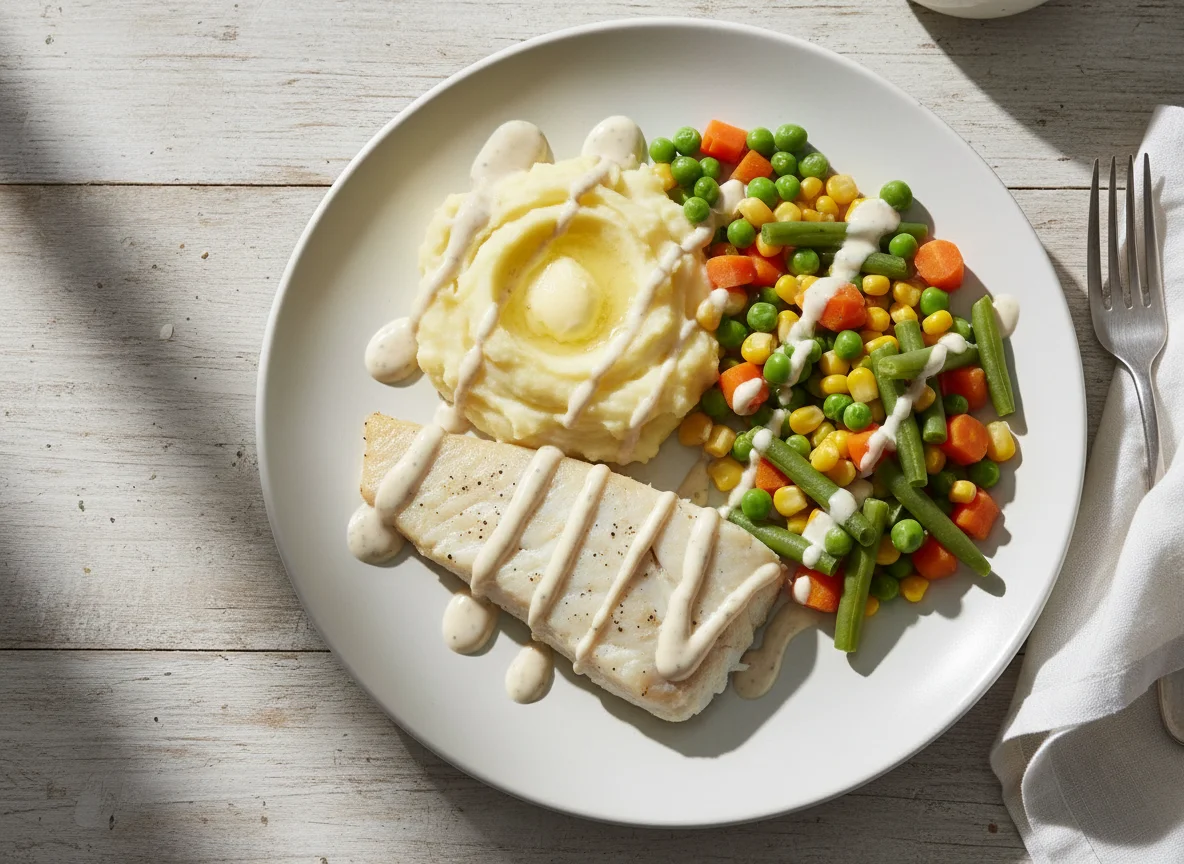 Fish, Mash and Mixed Vegetables with Nando's Garlic Sauce photo