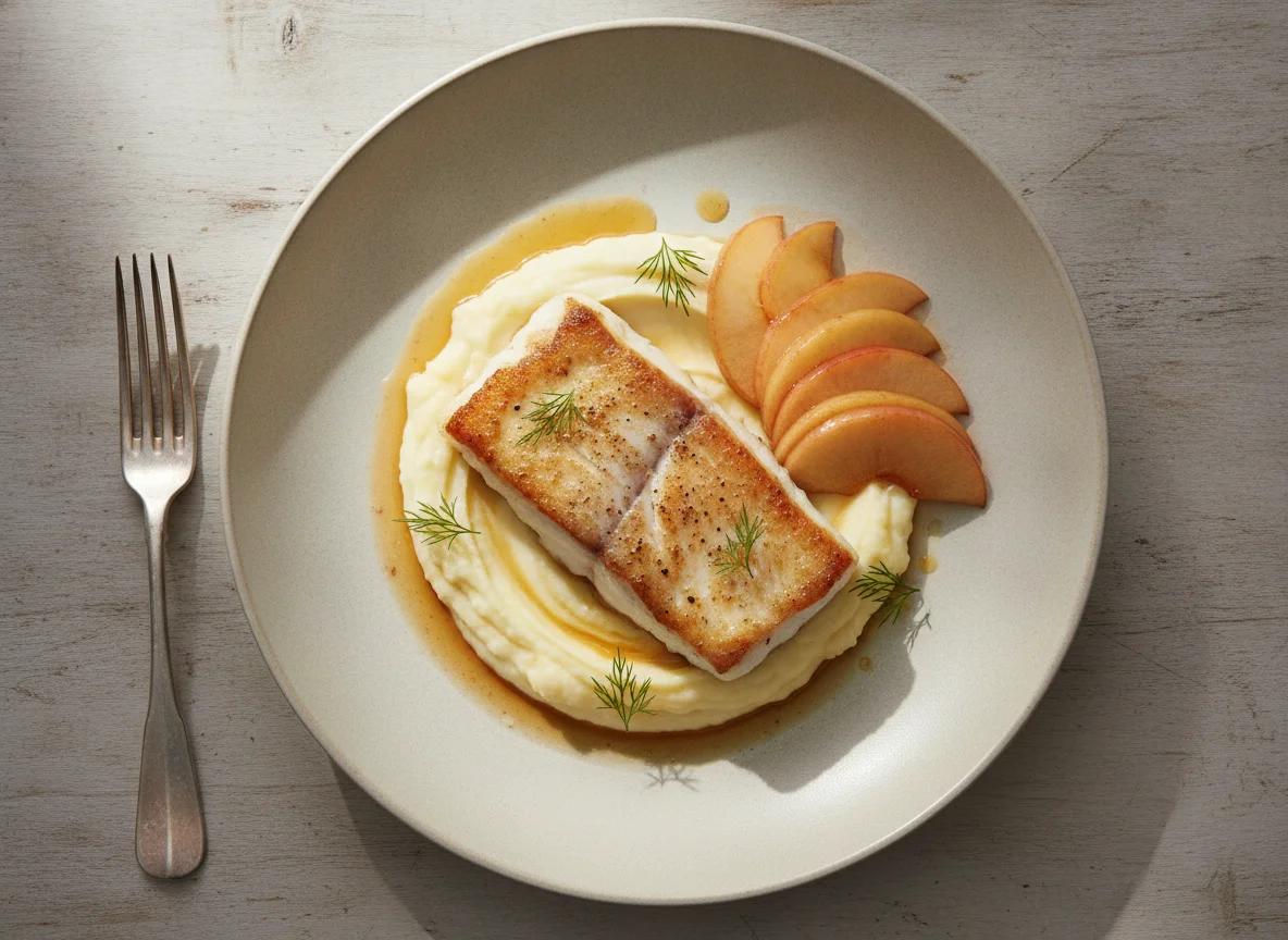 Fish, Mashed Potatoes, and Apple photo