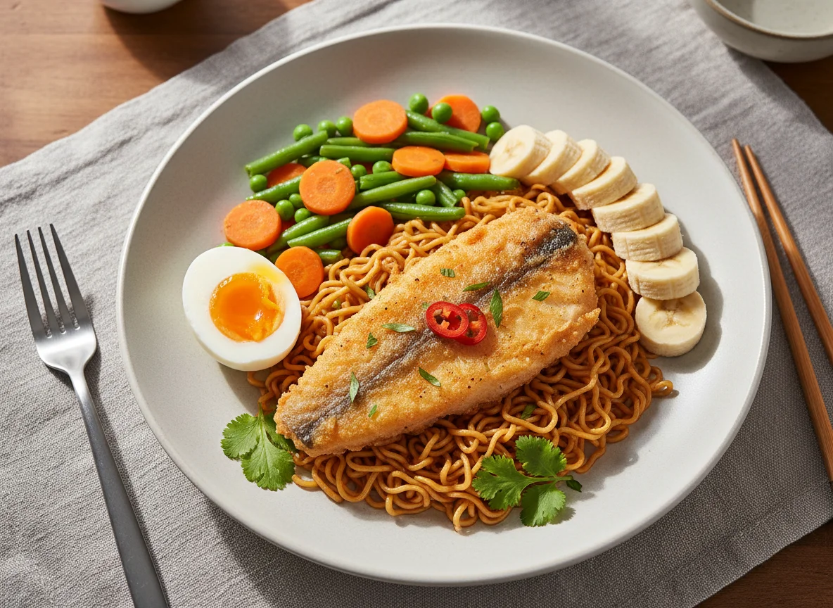 Fish, Noodles, Eggs, Mixed Vegetables and Banana Meal photo