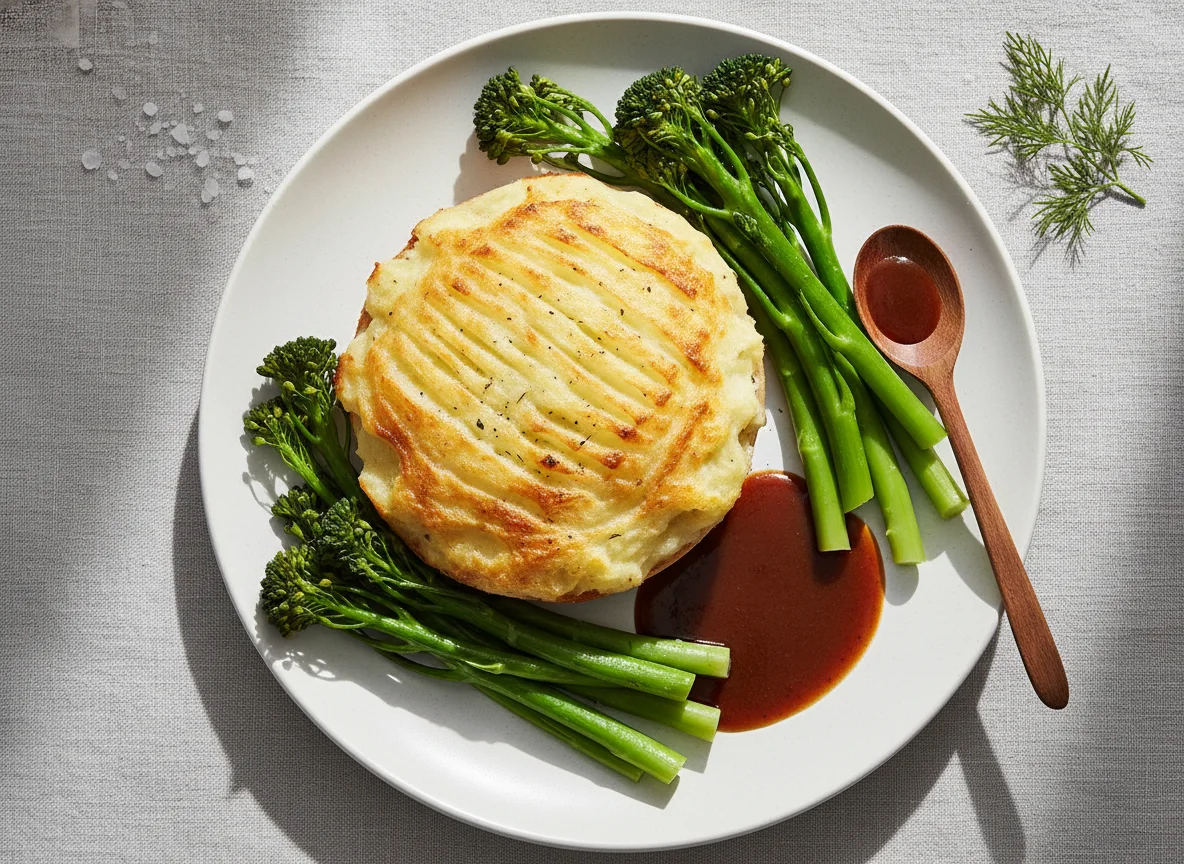 Fish Pie with Mashed Potato, Tenderstem Broccoli and Gravy photo
