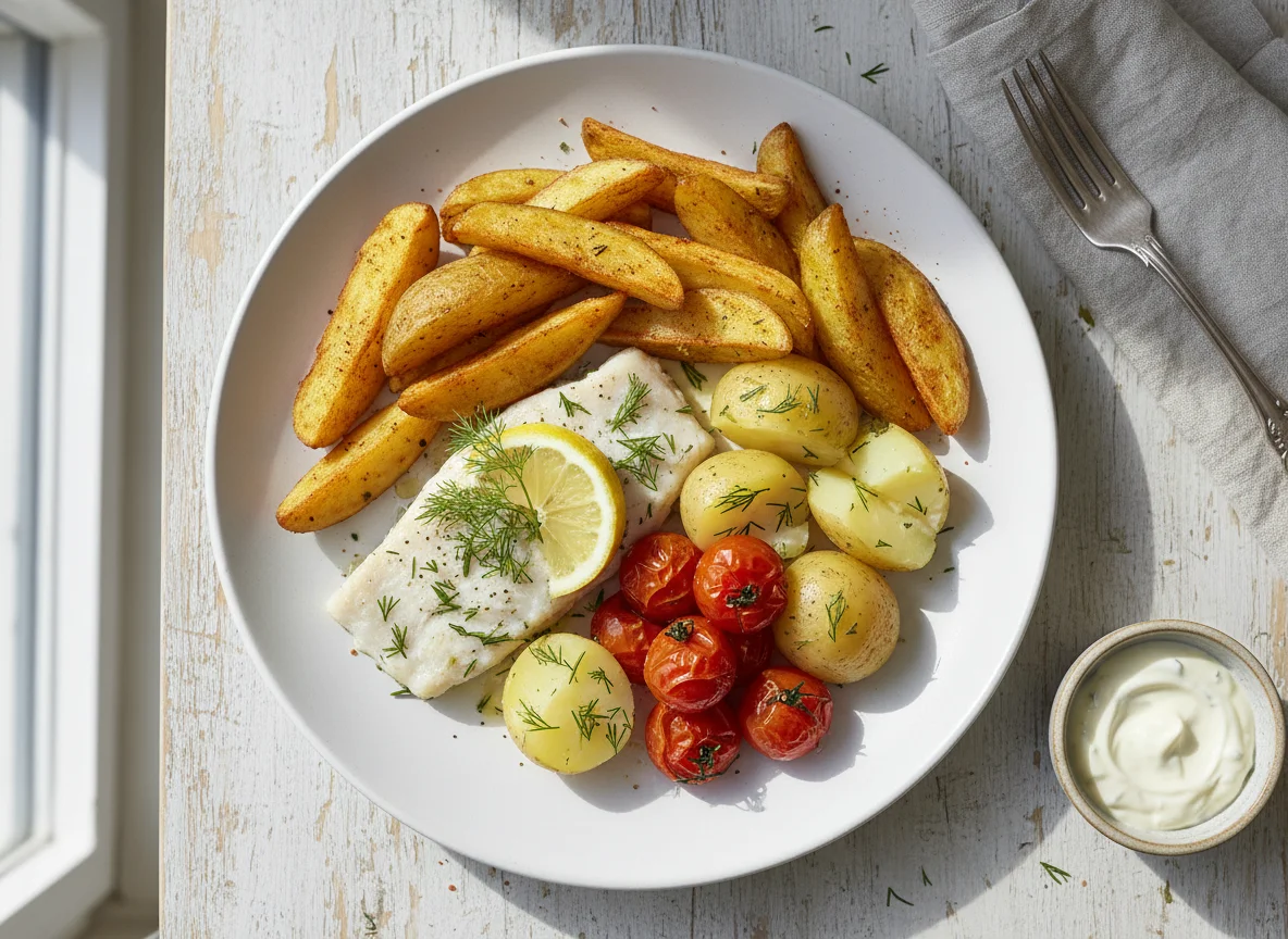 Fish, Potato, and Tomato with Potato Wedges photo