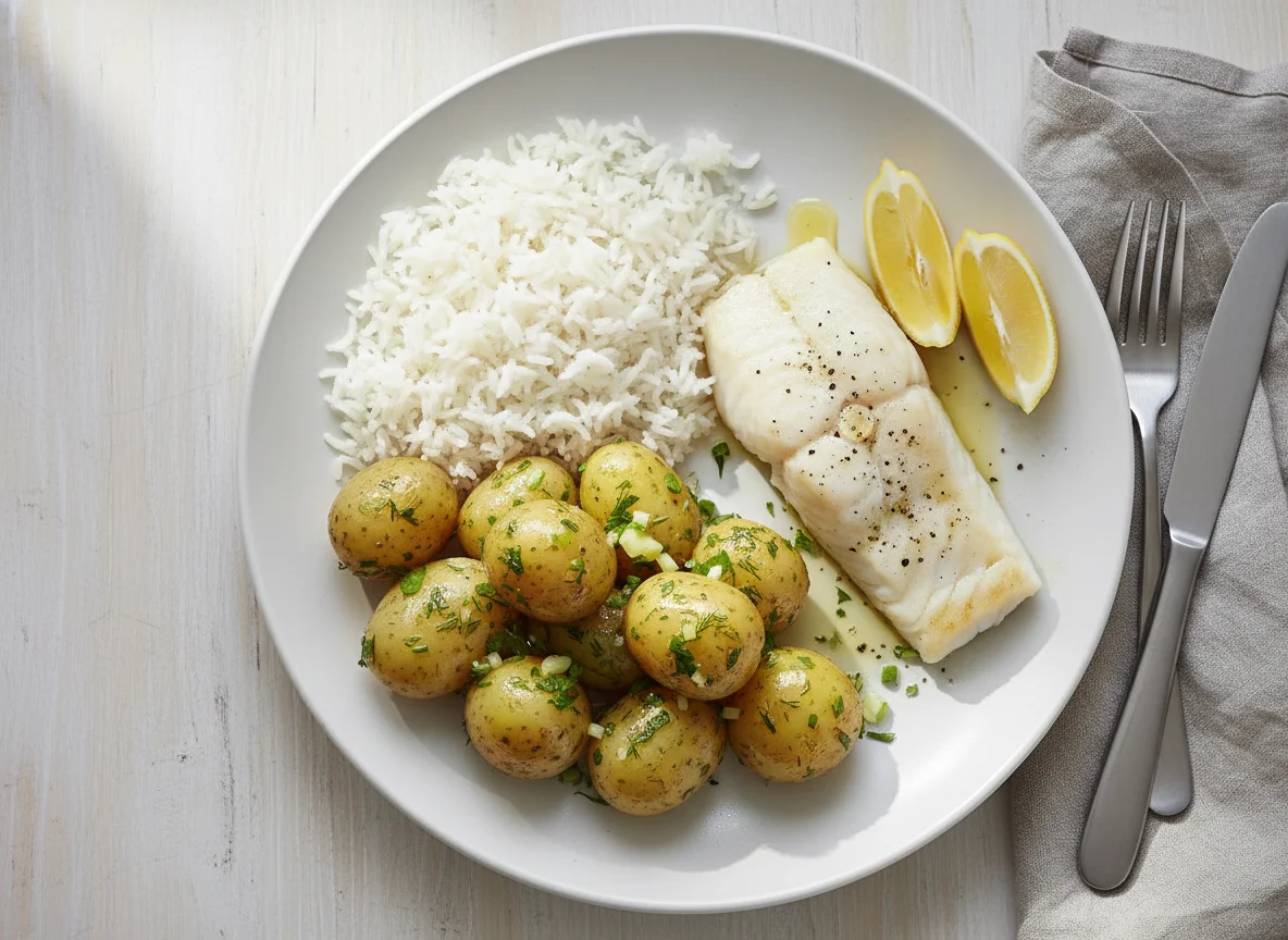 Fish, Potatoes and Rice Meal photo