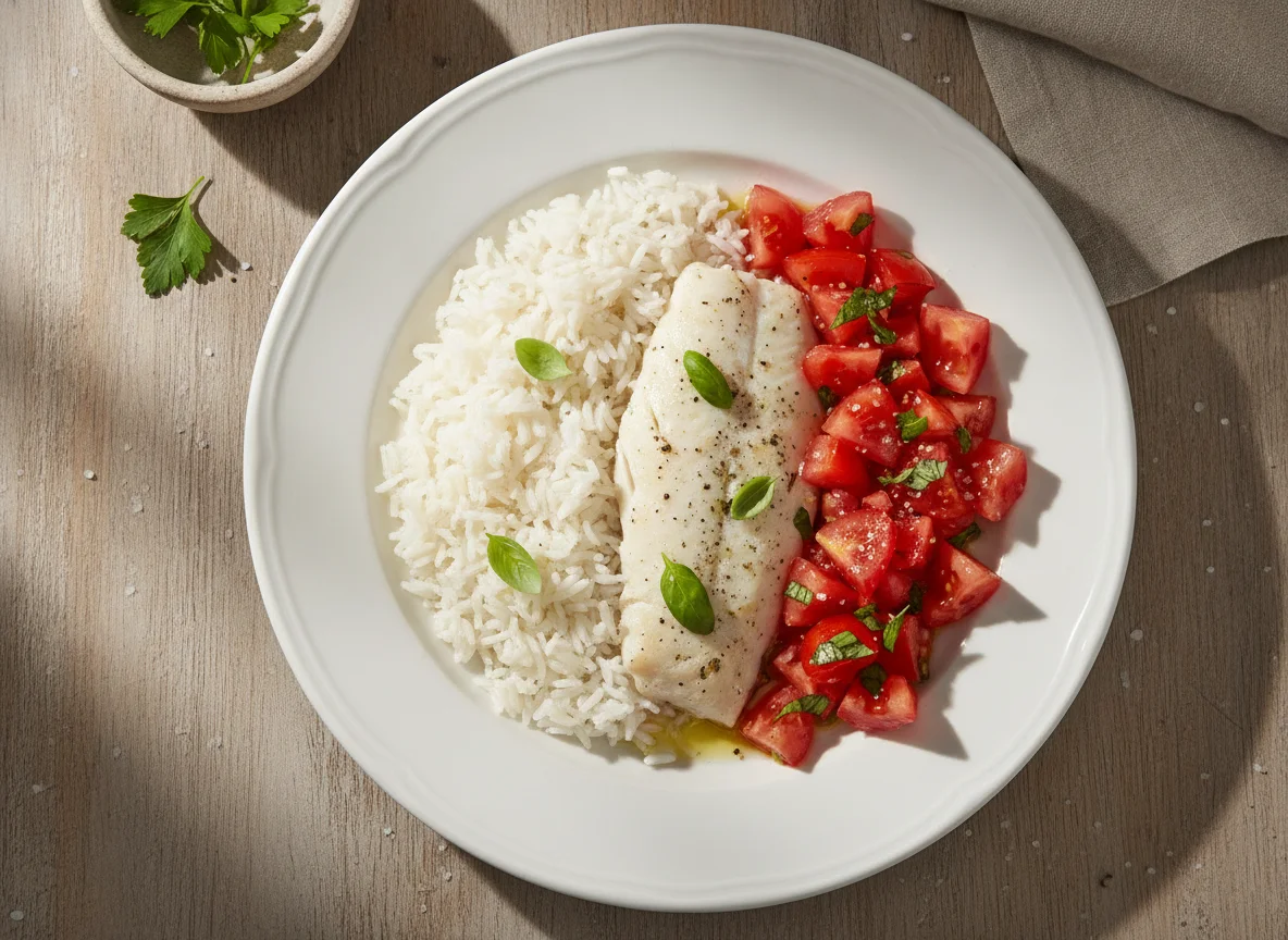 Fish, Rice, and Tomato Plate photo