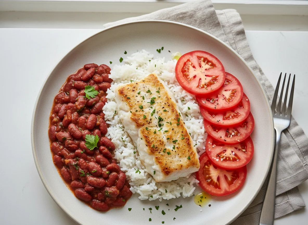 Fish, Rice, Beans, and Tomato Slices photo