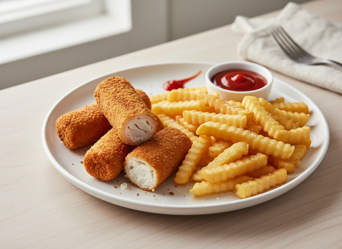 Fish Rolls with French Fries and Ketchup photo