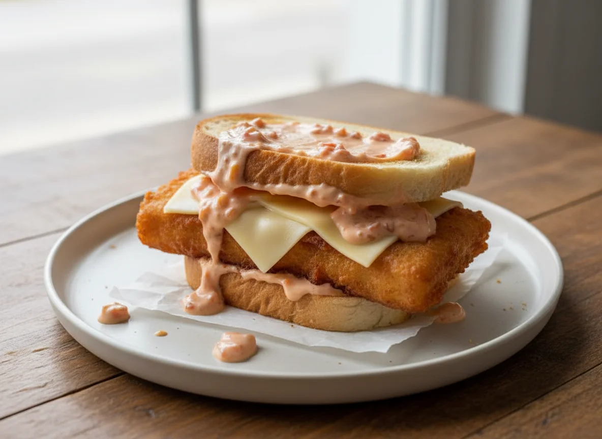 Fish sandwich with cheese and sauce photo