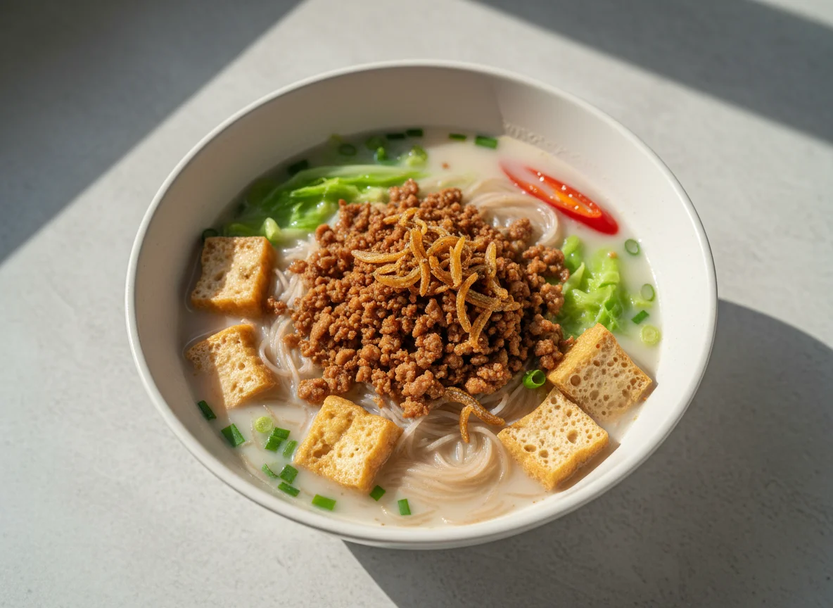 Fish Soup Noodles with Minced Pork and Tofu photo