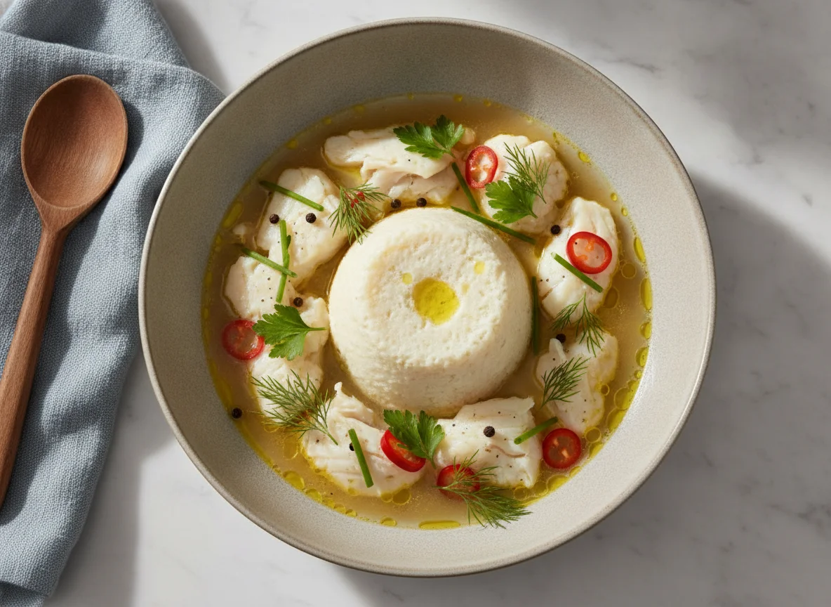 Fish soup with cauliflower fufu photo