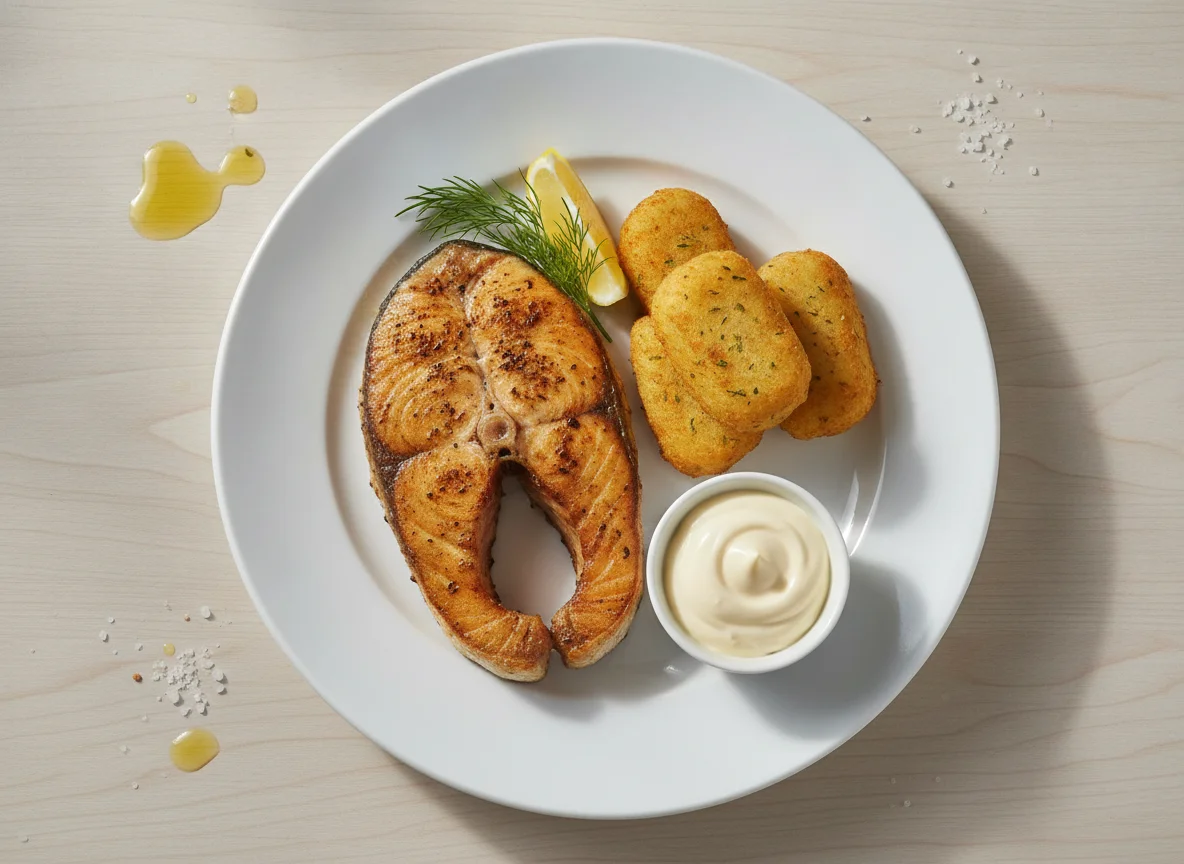 Fish steak with croquettes and mayonnaise photo