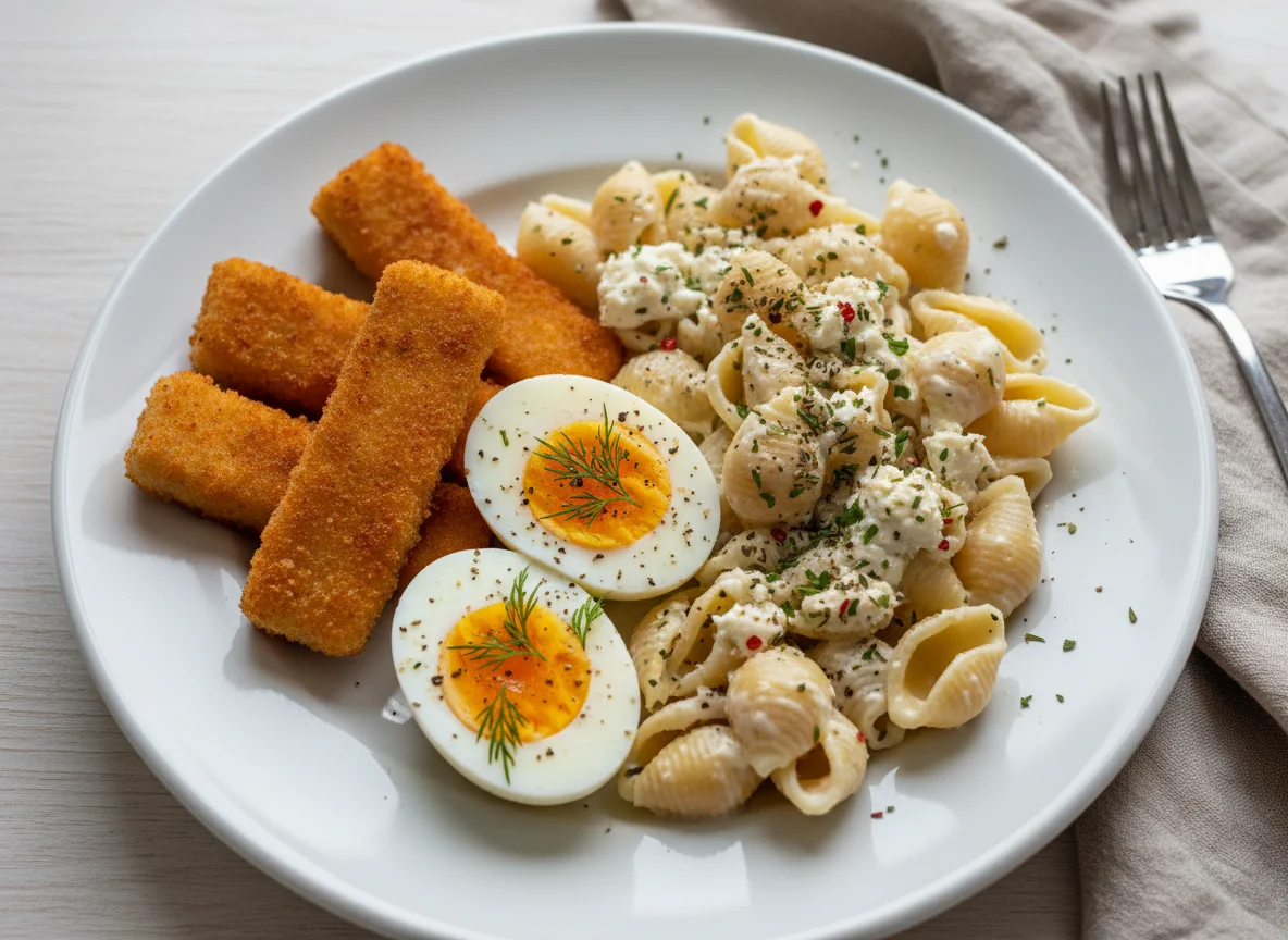 Fish Sticks, Hard-Boiled Eggs, and Pasta with Cream Cheese photo