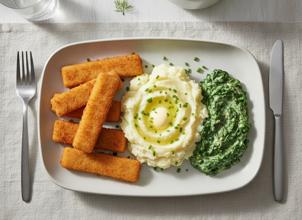 Fish sticks with mashed potatoes and creamed spinach photo