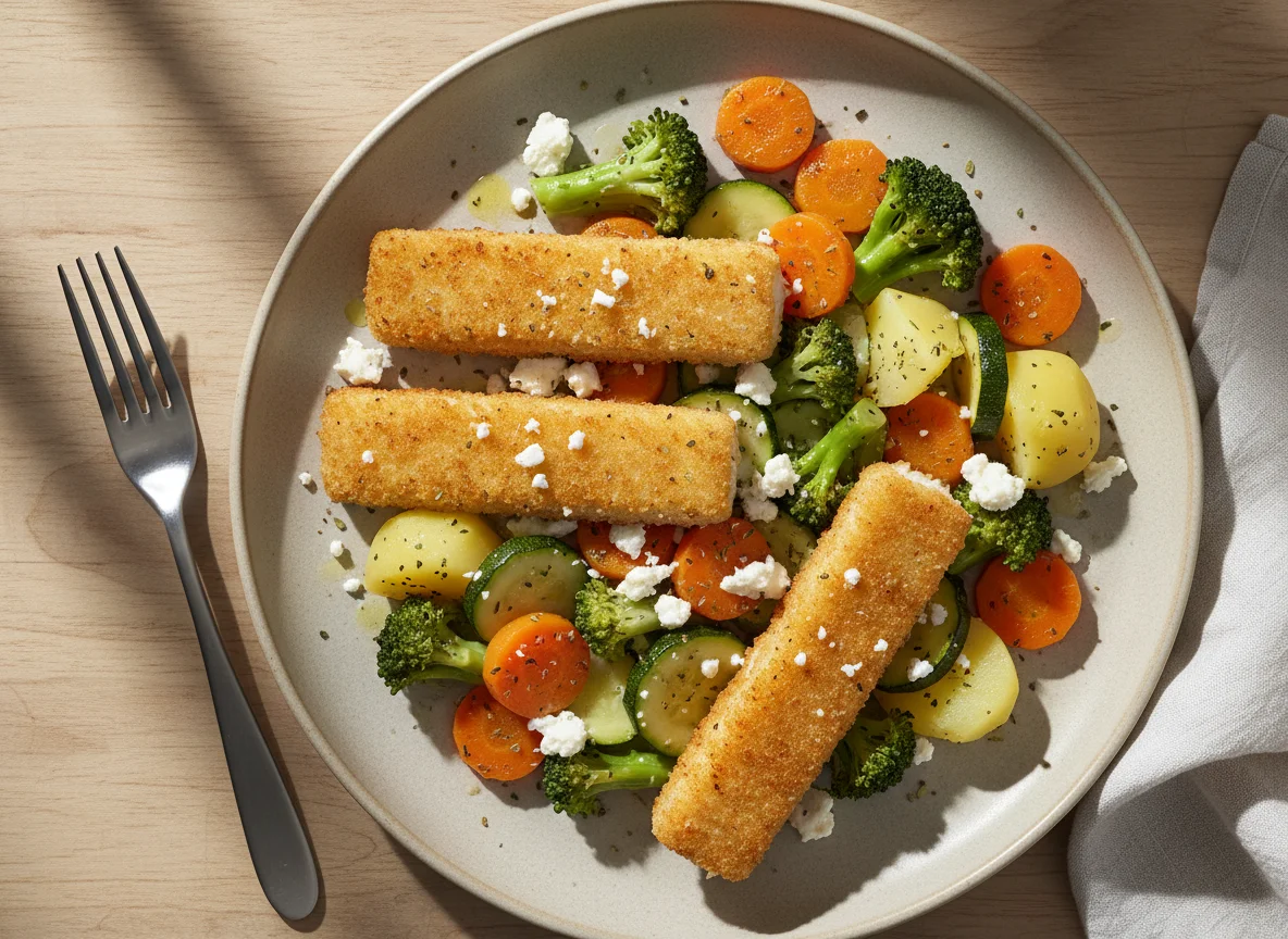 Fish sticks with mixed vegetables and feta cheese photo
