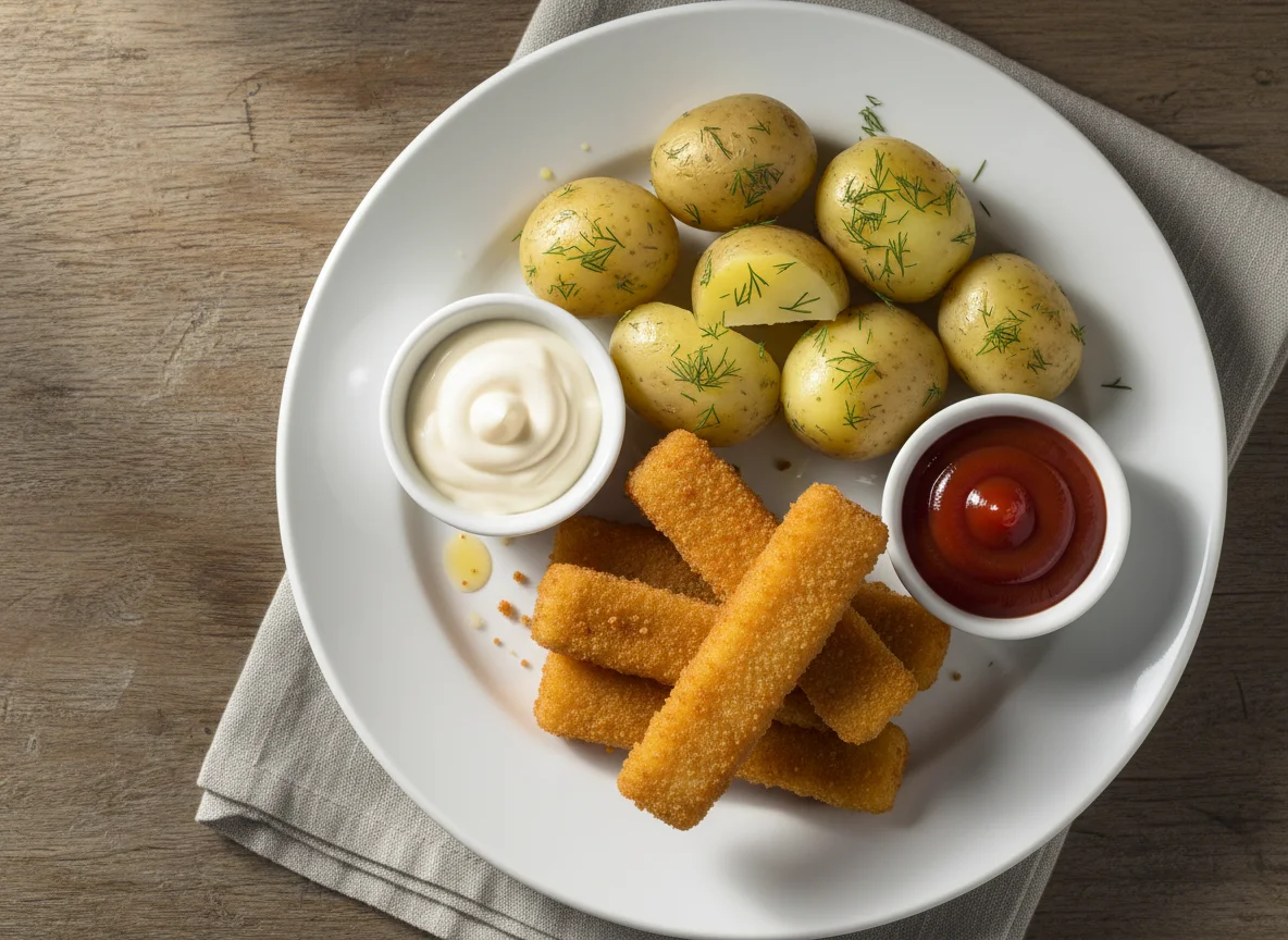 Fish sticks with potatoes and sauces photo