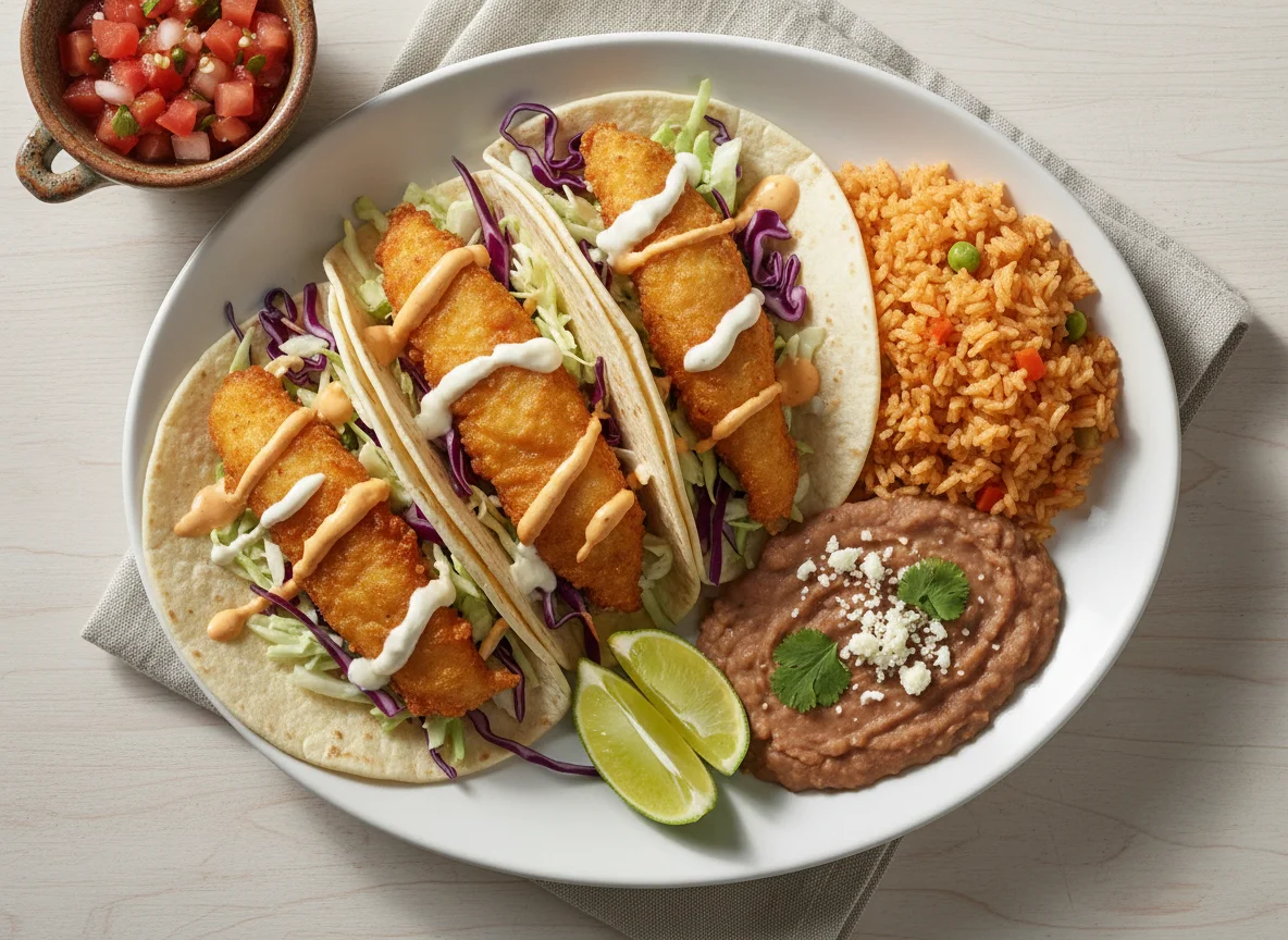 Fish Taco Plate with Rice and Beans photo