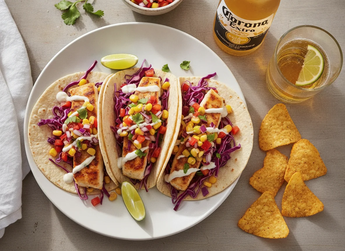 Fish Tacos with Tortilla Chips and Beer photo