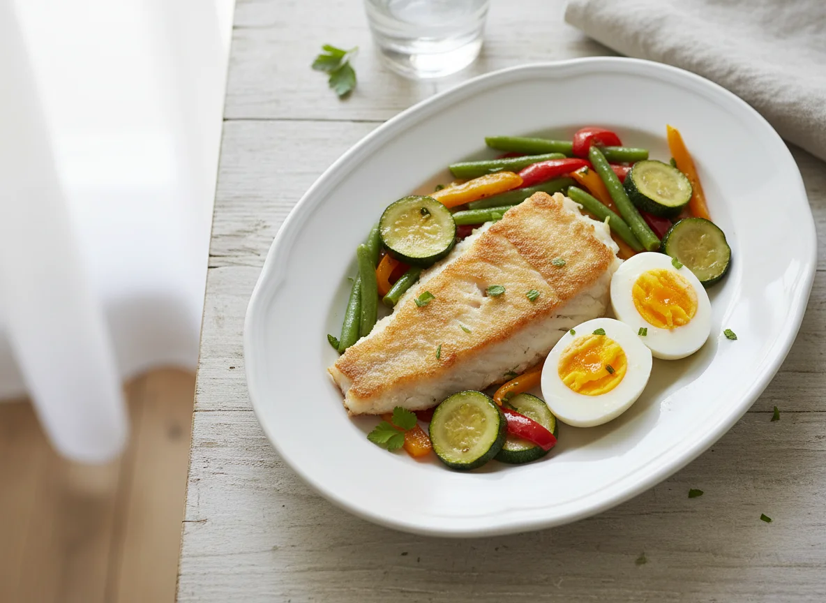 Fish with Boiled Eggs and Sautéed Vegetables photo