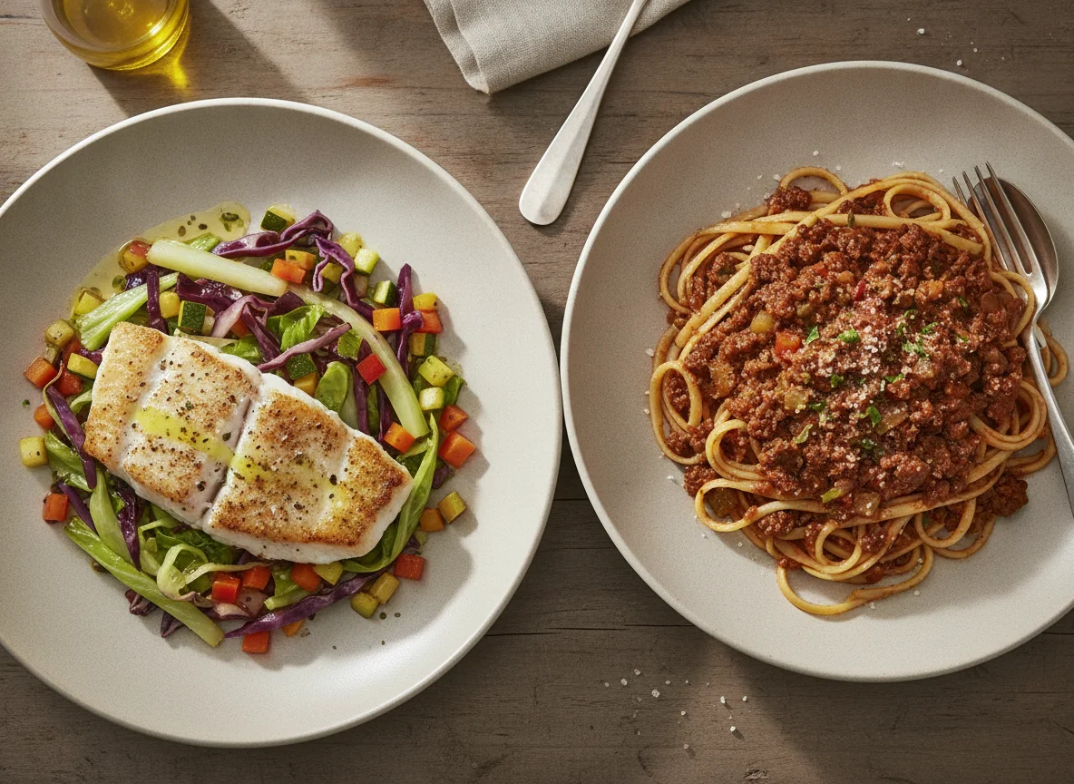 Fish with Cabbage and Pasta with Minced Meat photo