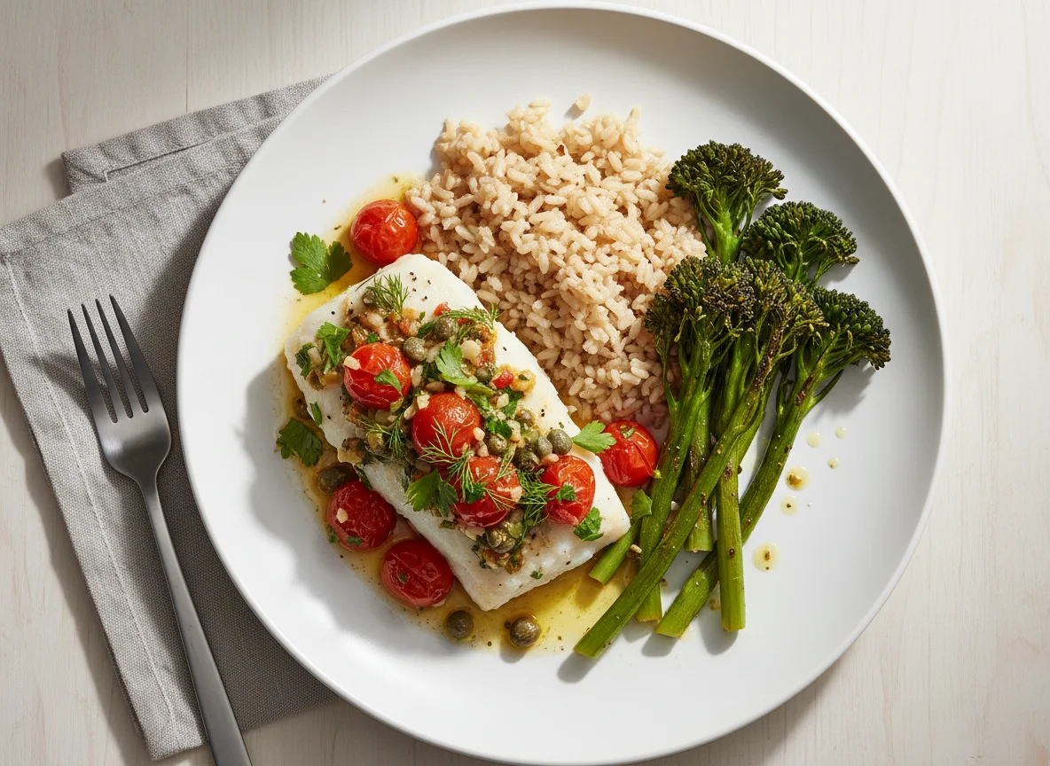 Fish with Cherry Tomatoes, Brown Rice, and Broccolini photo