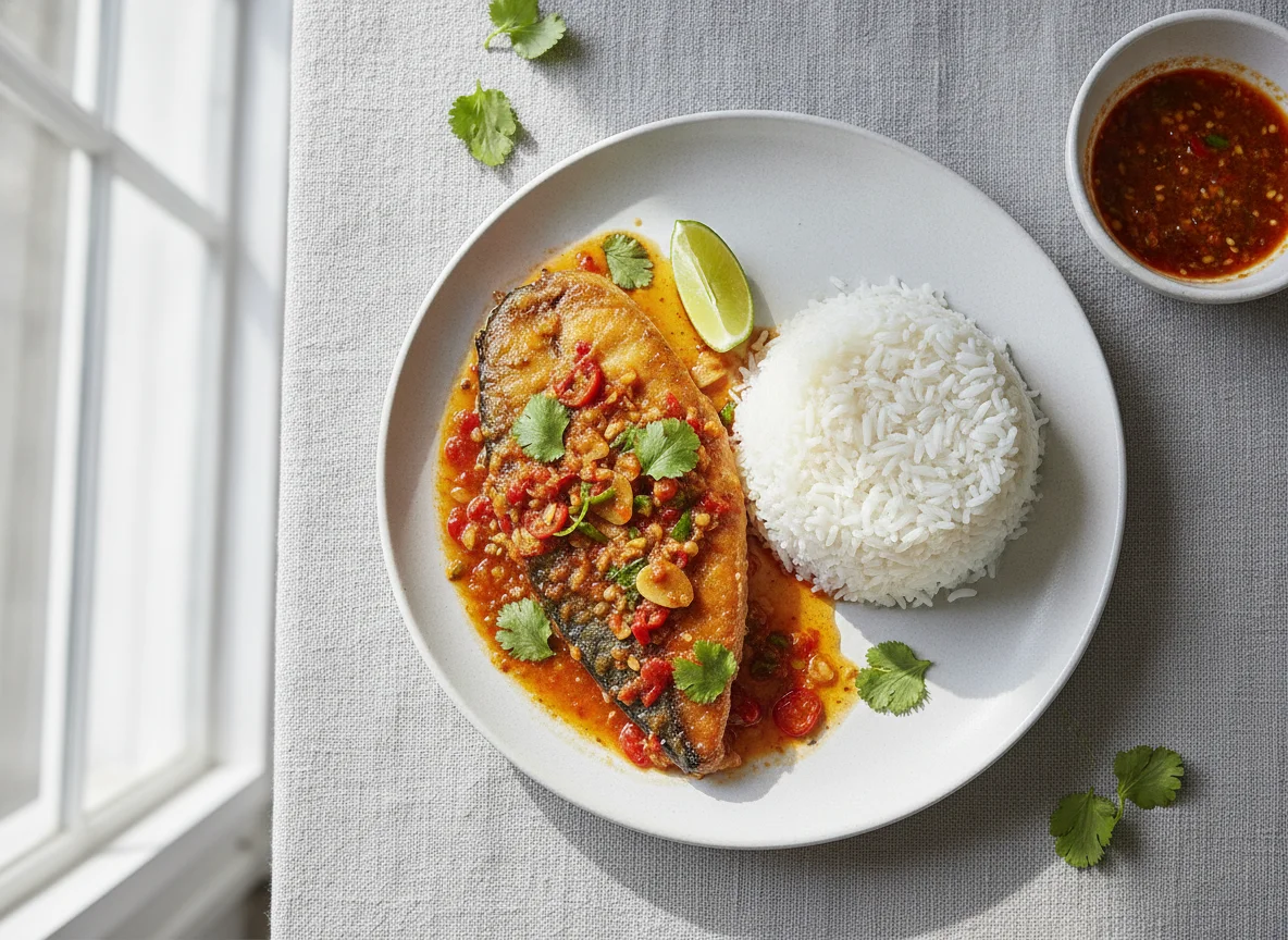 Fish with Chili Sauce and Rice photo