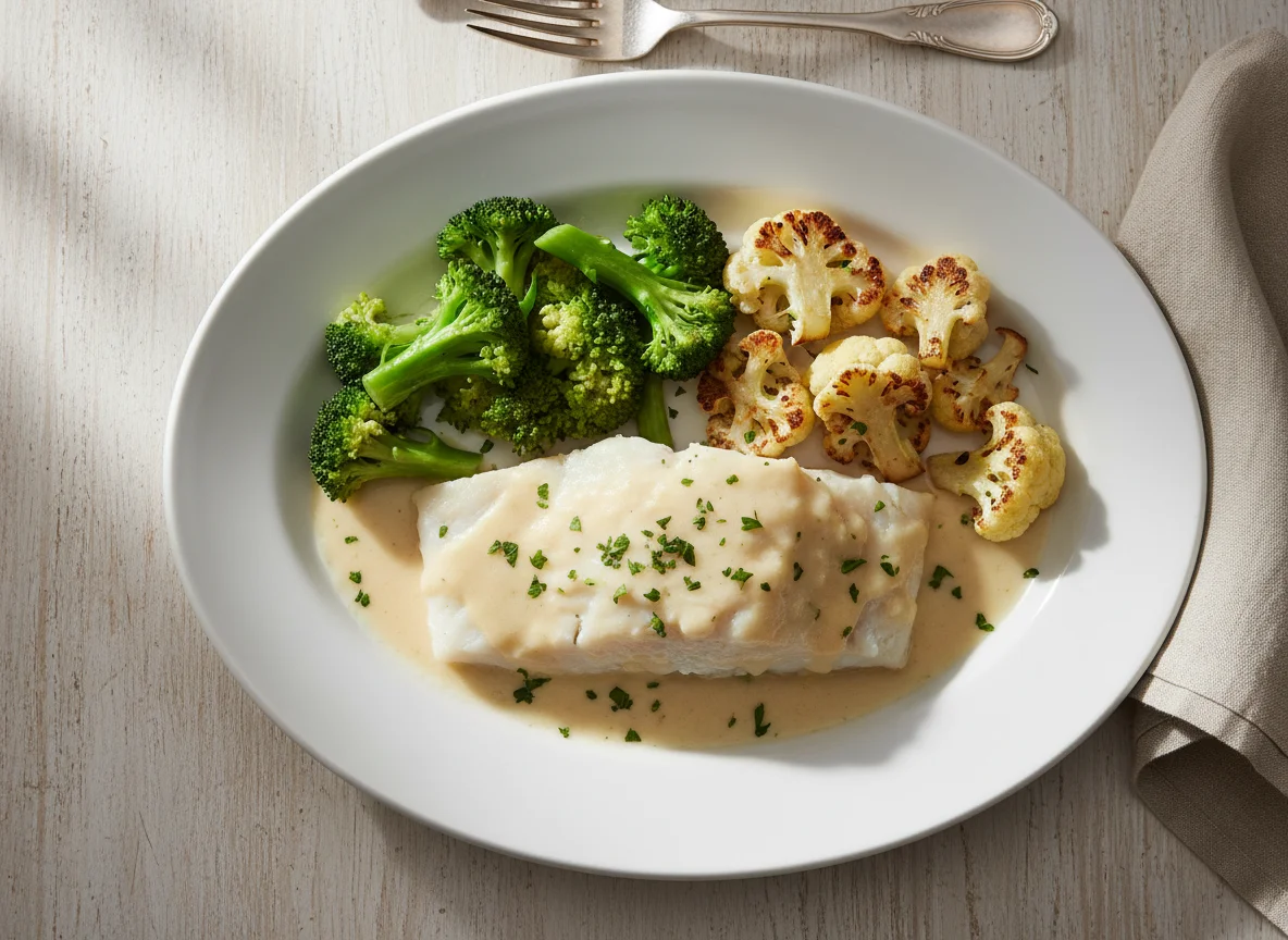 Fish with Cream Sauce, Broccoli, and Roasted Cauliflower photo