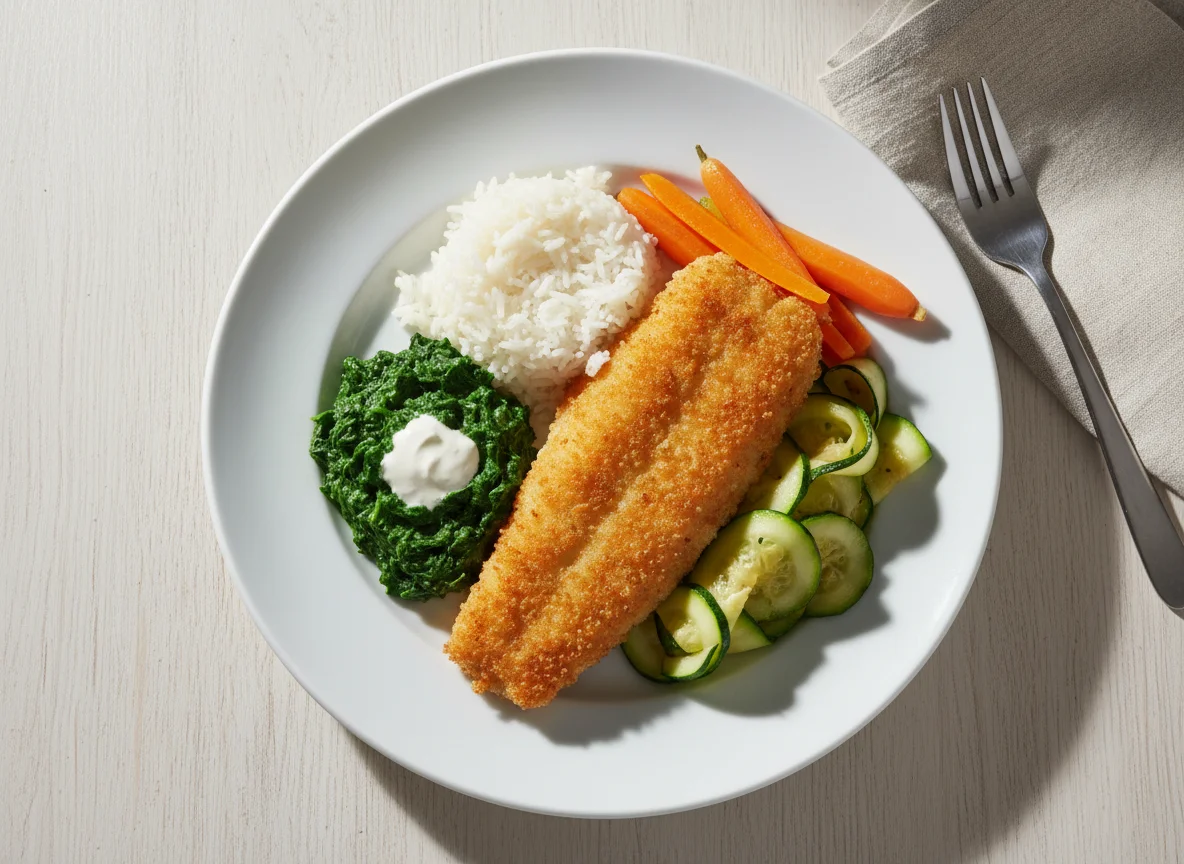 Fish with Creamed Spinach, Carrots, Zucchini and Rice photo