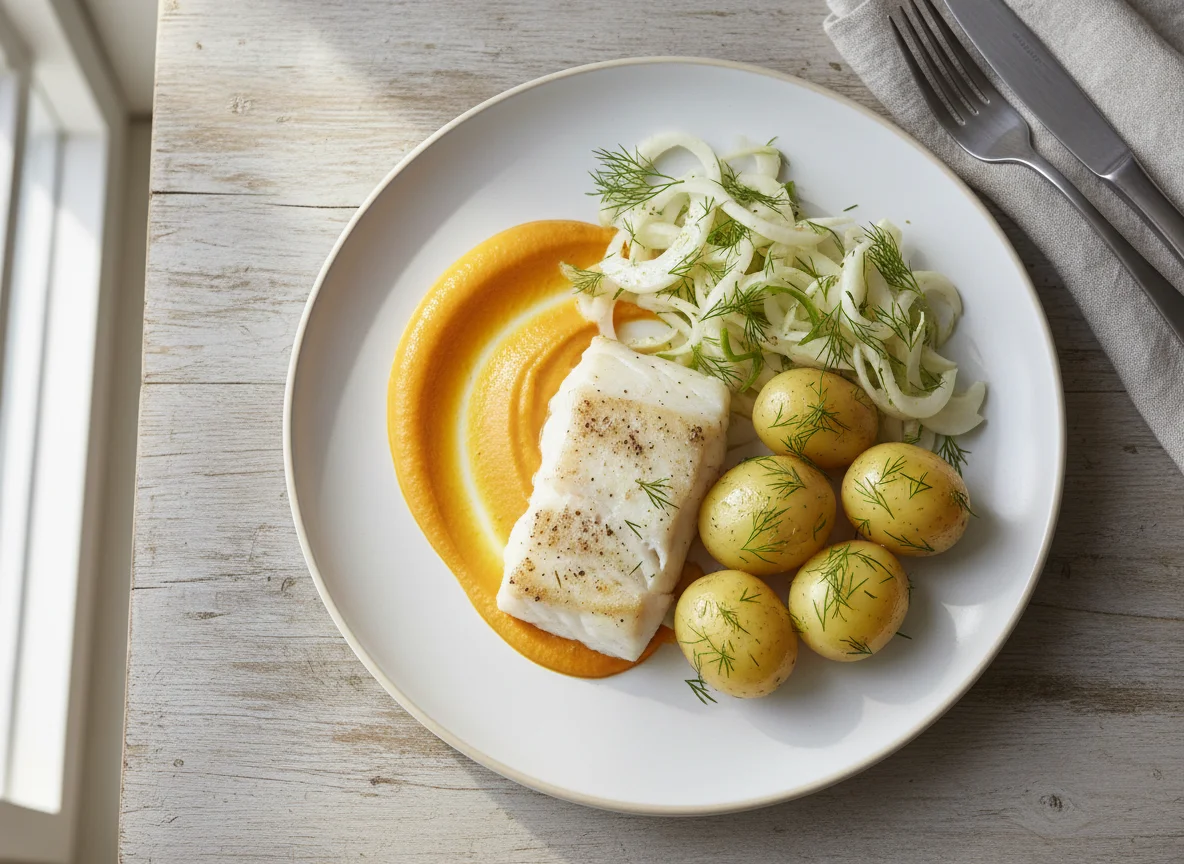 Fish with creamy carrot sauce and fennel salad photo