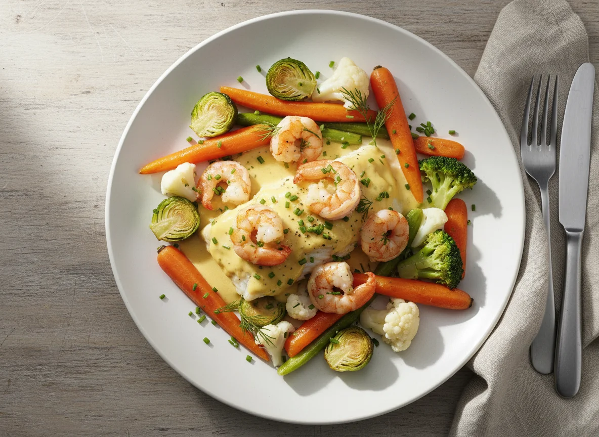 Fish with creamy sauce and mixed vegetables photo