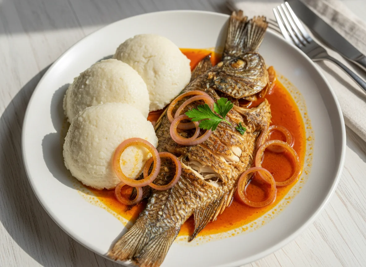 Fish with Fufu and Onions photo