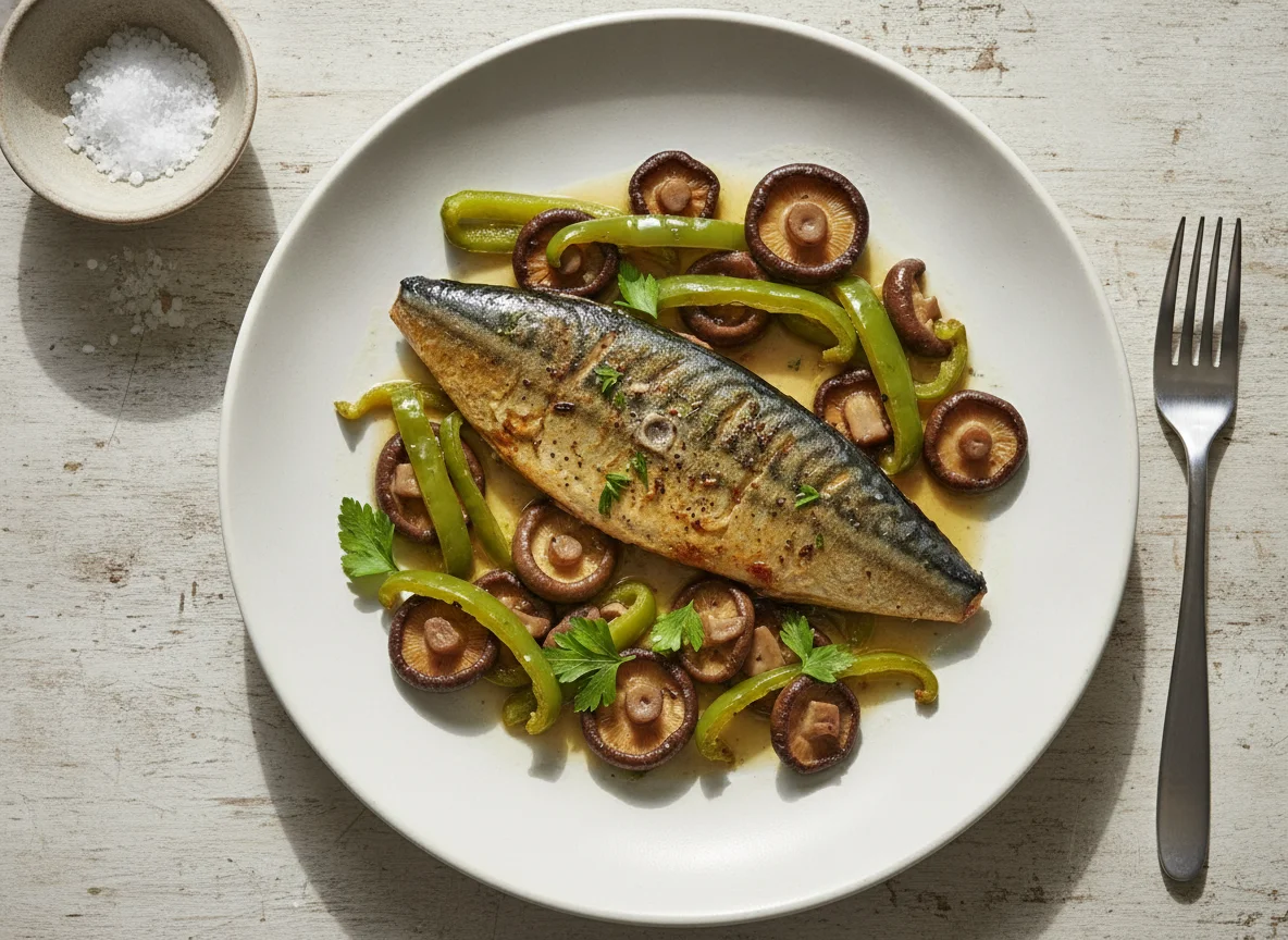 Fish with Green Peppers and Mushrooms photo