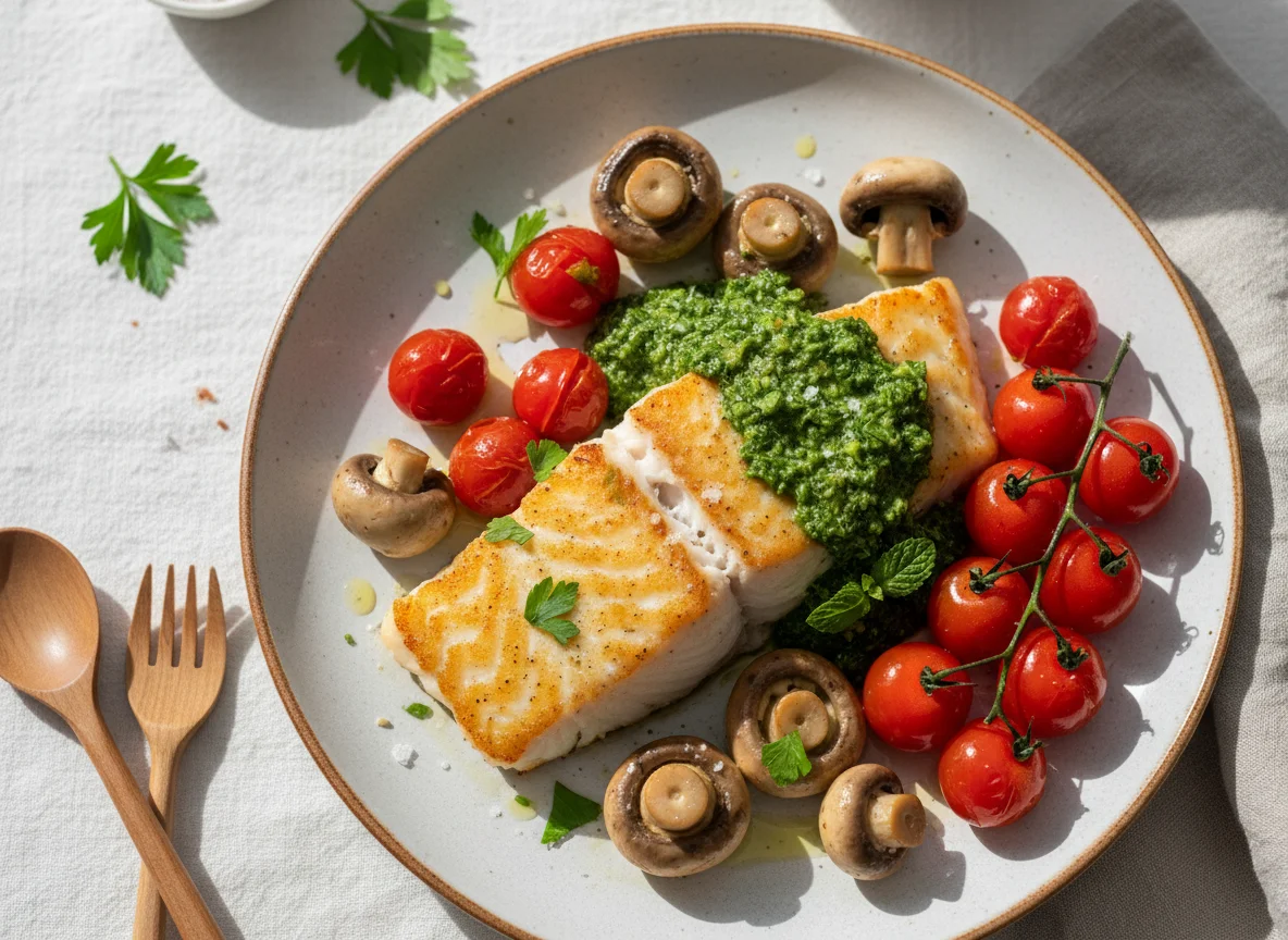 Fish with green sauce, mushrooms and cherry tomatoes photo