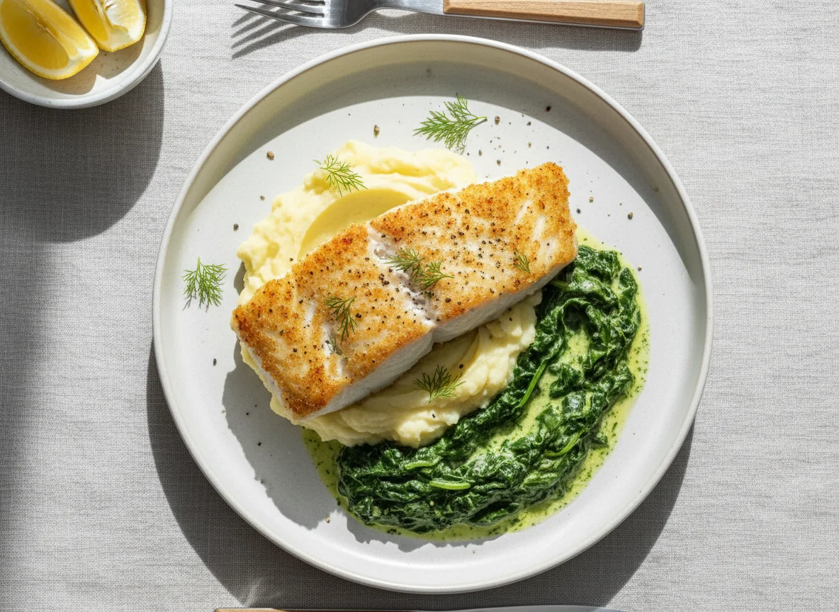 Fish with mashed potatoes and creamy spinach sauce photo