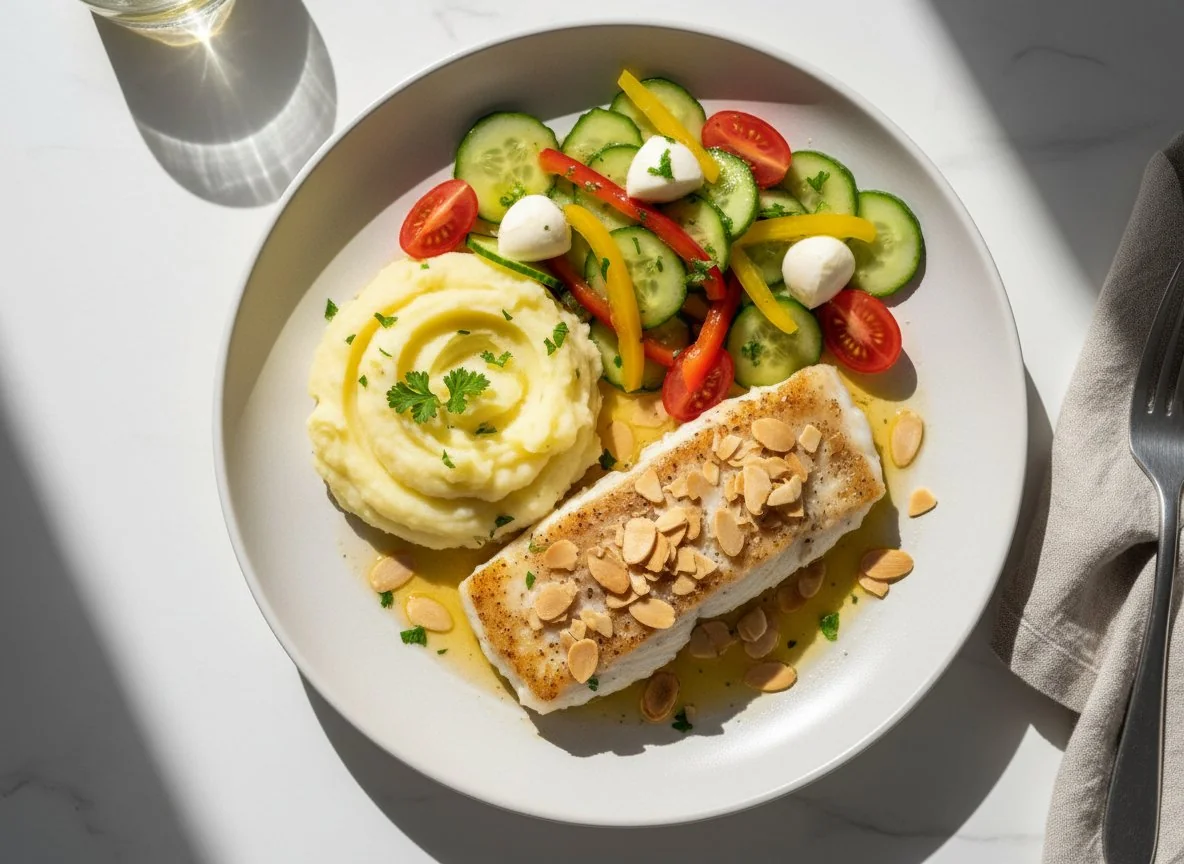 Fish with mashed potatoes and vegetable salad photo