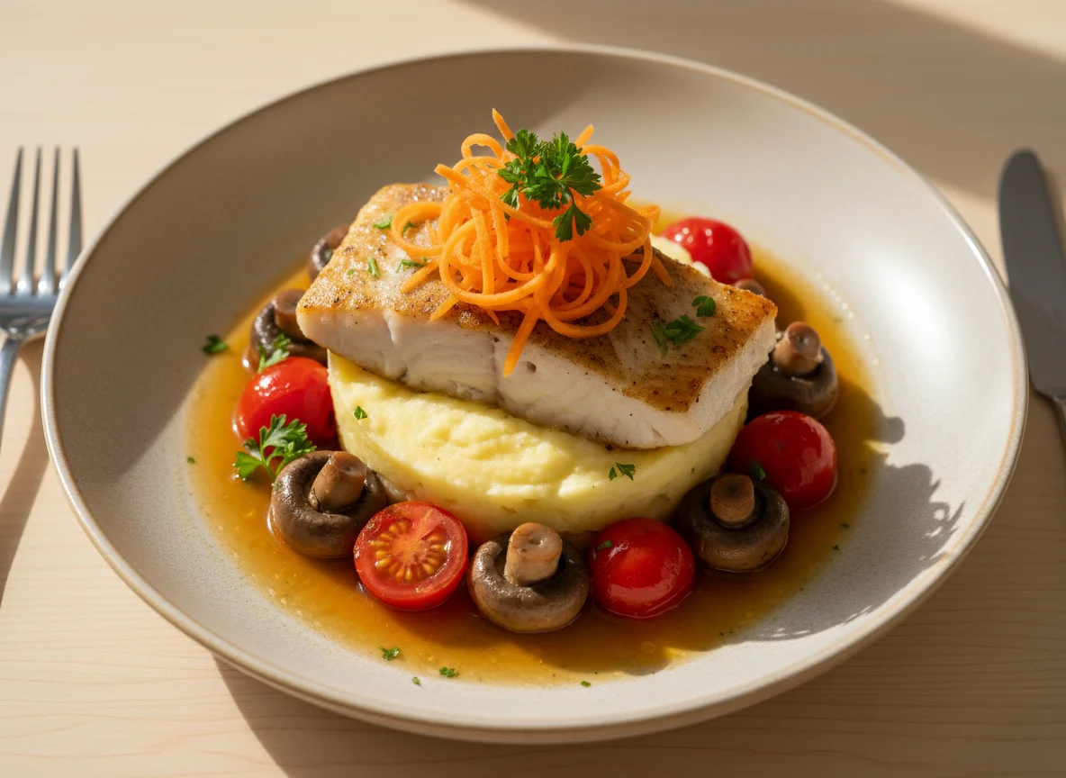 Fish with Mashed Potatoes, Tomatoes, Mushrooms and Carrot Topping photo
