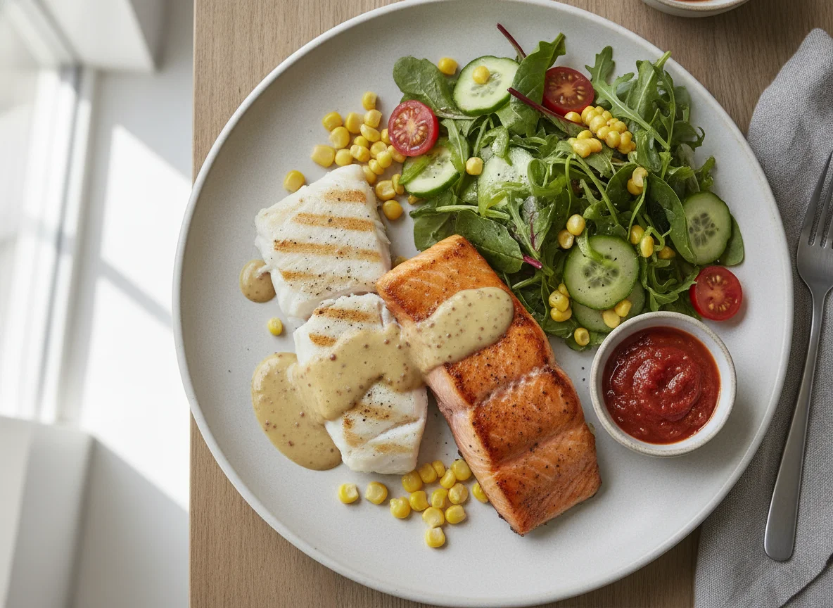 Fish with Mixed Salad and Corn photo
