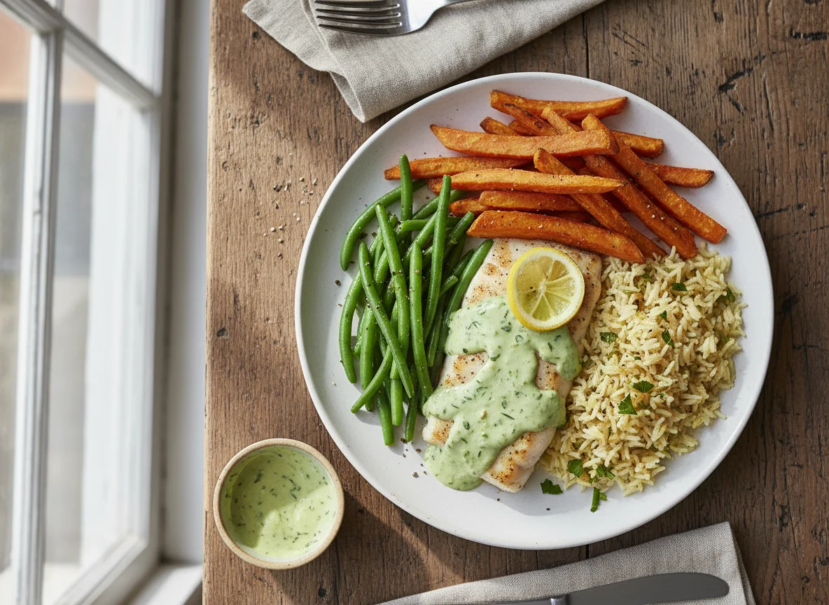 Fish with Nando's Lemon & Herb sauce, sweet potato fries, green beans, and rice photo