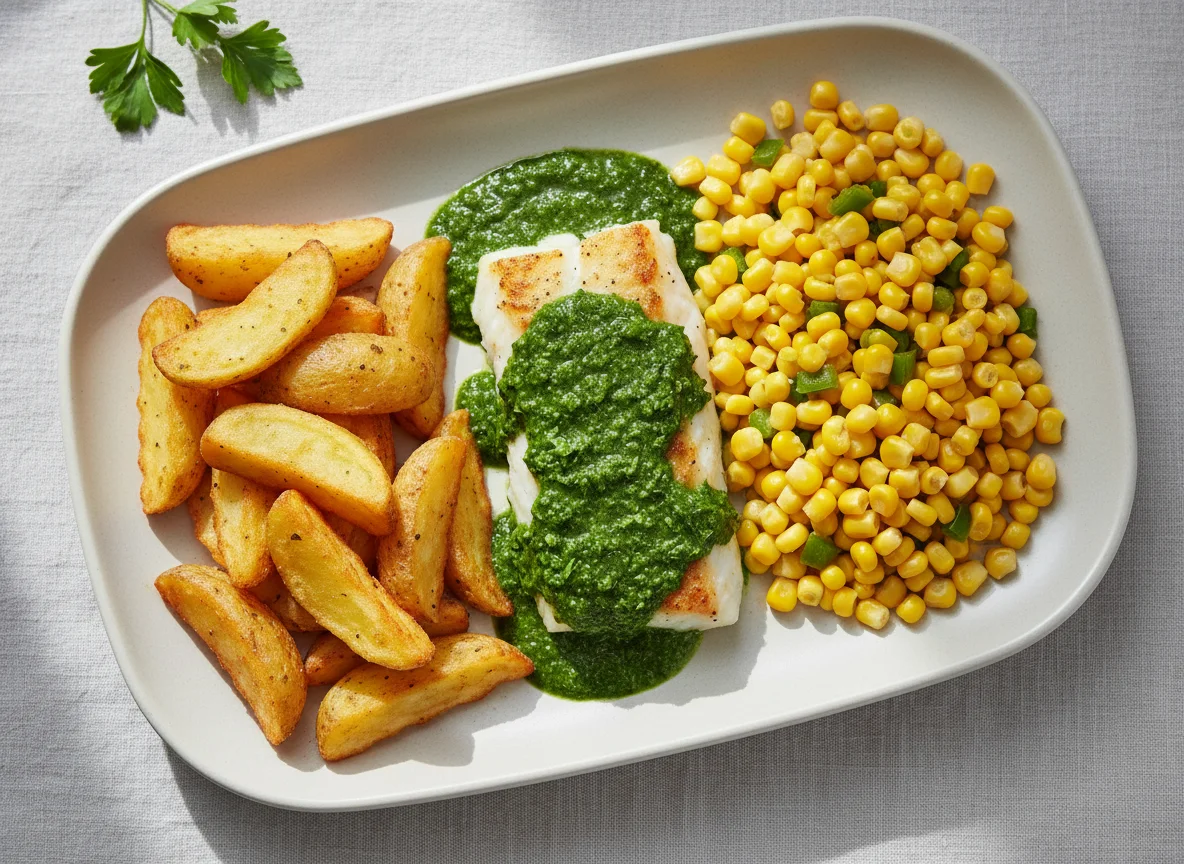 Fish with Parsley Sauce, Chips and Sweetcorn photo