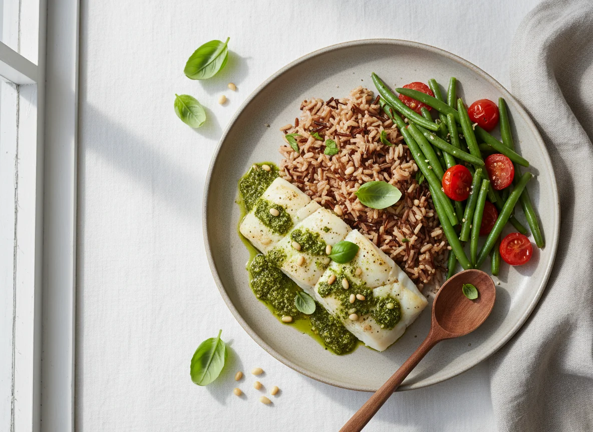 Fish with Pesto, Rice, and Green Beans photo