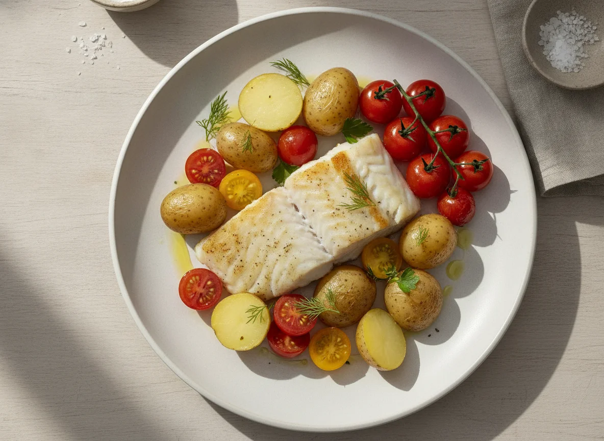 Fish with potatoes and cherry tomatoes photo