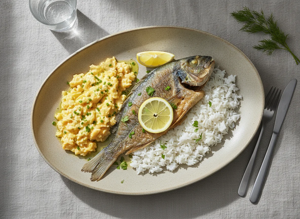 Fish with Rice and Scrambled Eggs photo
