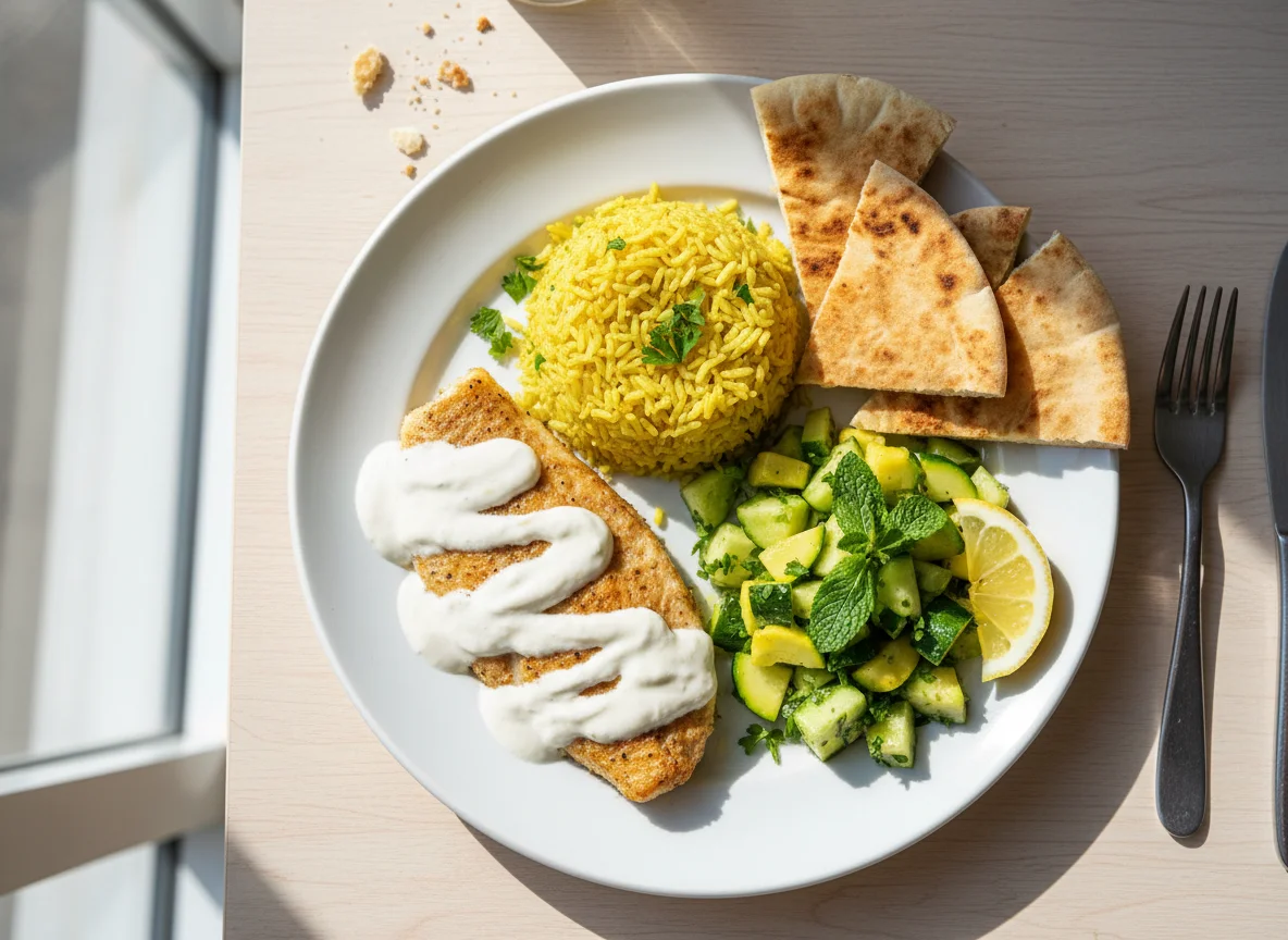 Fish with Rice and Vegetable Salad photo