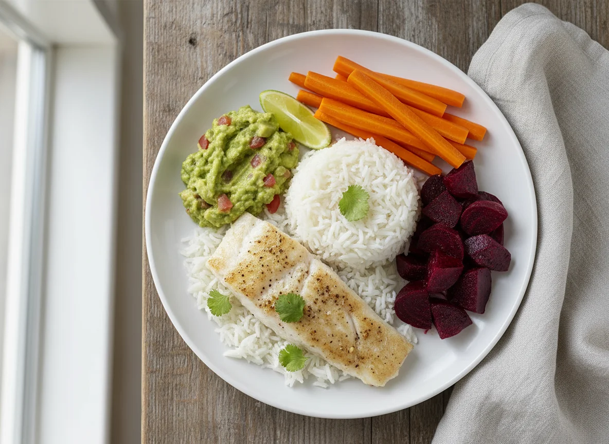Fish with rice, guacamole, carrots and beets photo