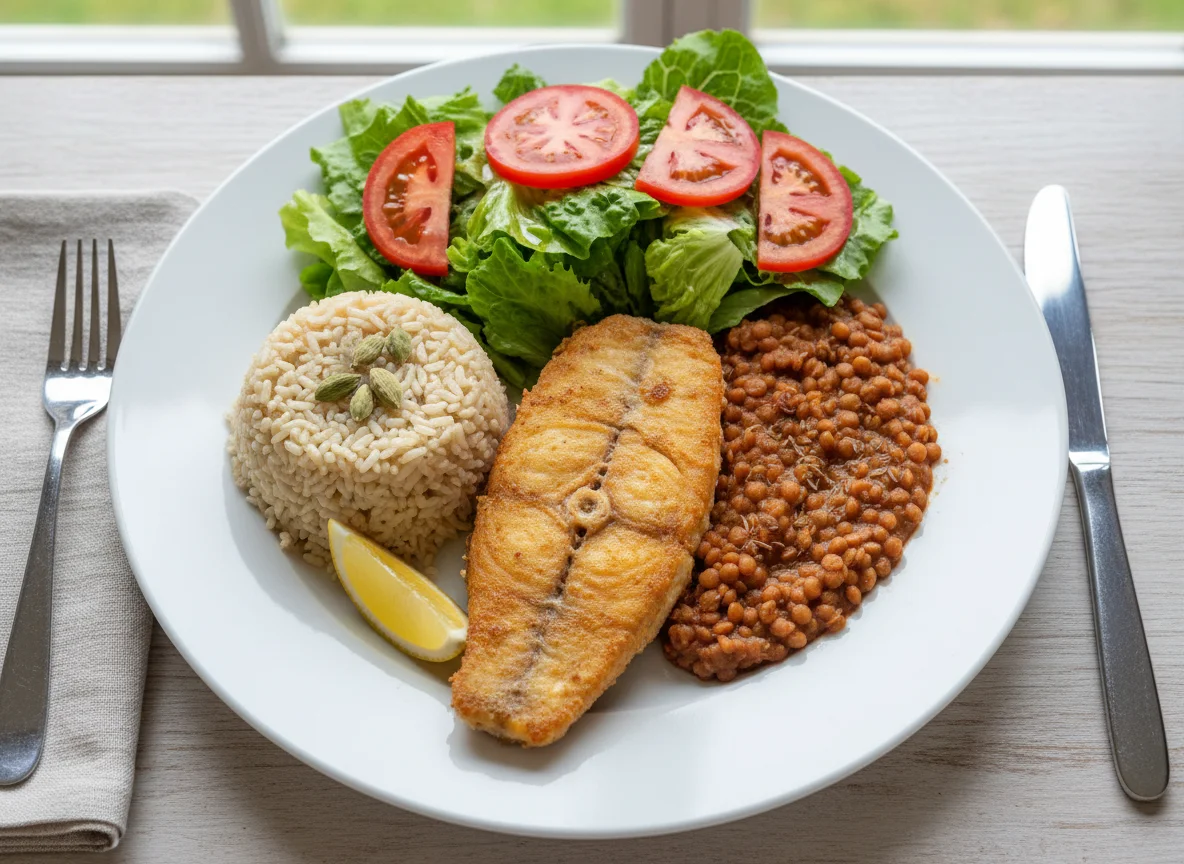 Fish with Rice, Lentils, and Salad photo